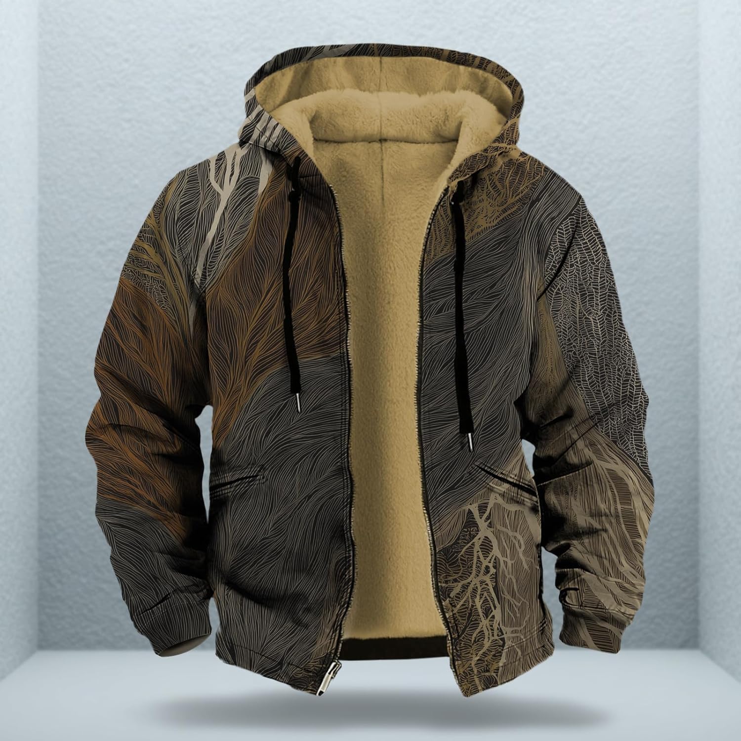 Mens Winter Coats Long Sleeve Sherpa Fleece Lined Full Zipper Retro Ethnic Print Big And Tall Fashion Warm Coat - Image 2