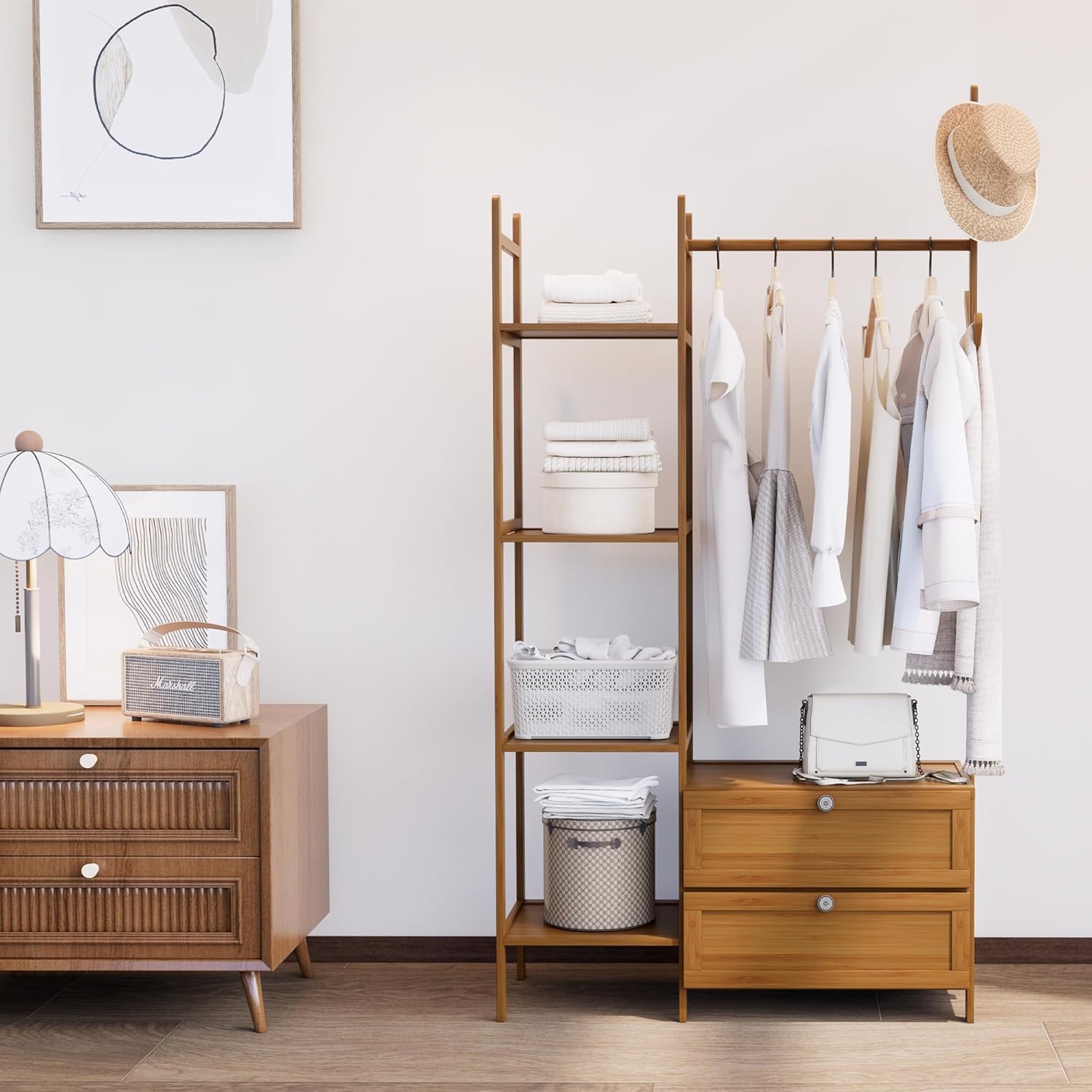 Garment Rack with Drawers,Cute Clothing Rack,Bamboo Clothes Rack,Clothes Rack Hanging,Solid Thickened Clothes Racks with Shelves (31.5inch Width Tawny)