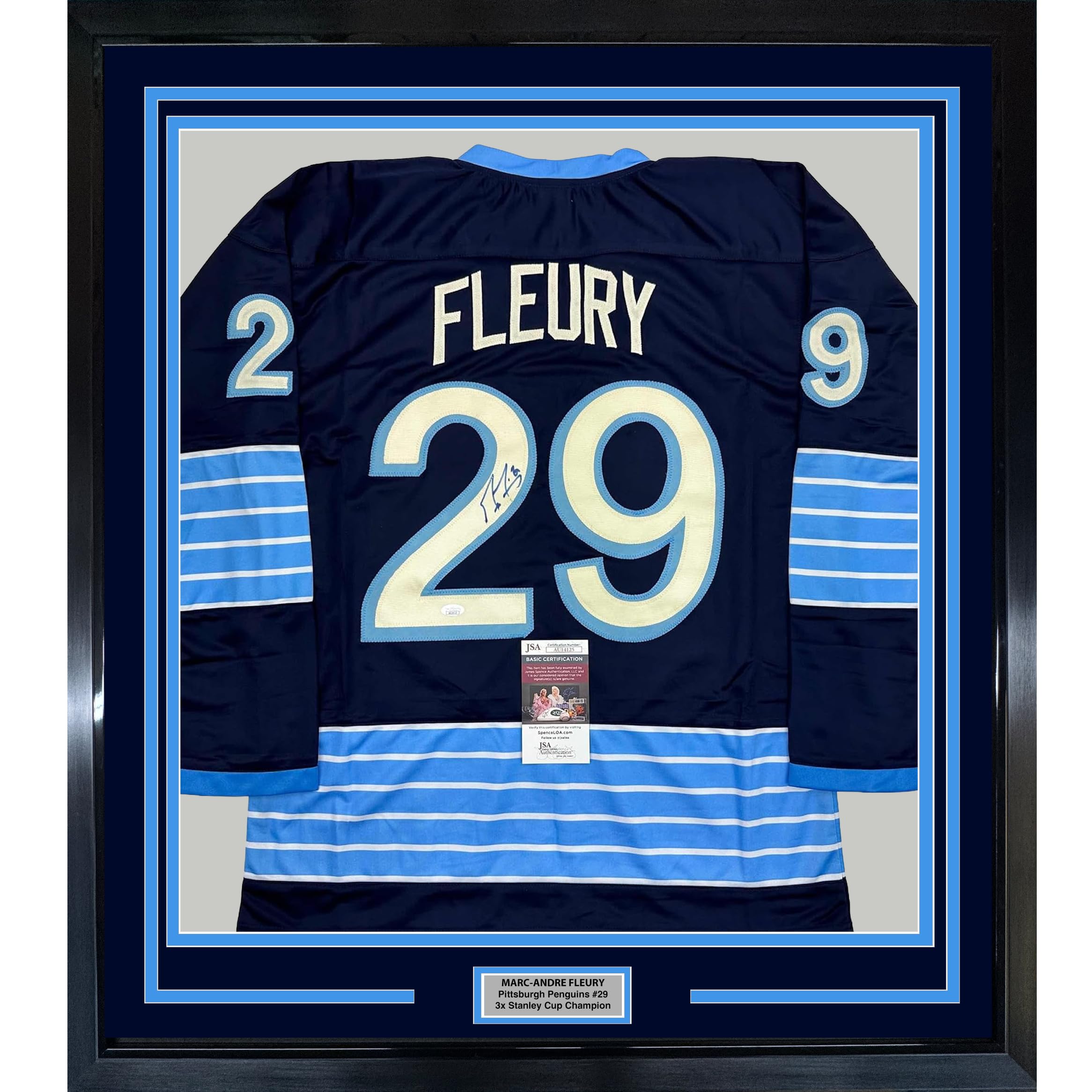 Framed Autographed/Signed Marc-Andre Fleury 35x39 Pittsburgh Blue