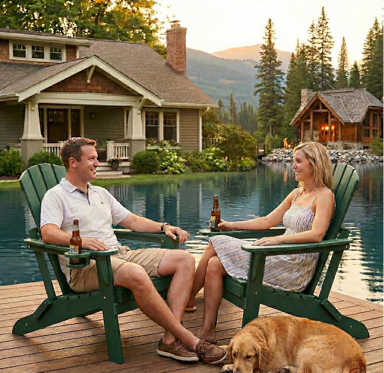 Upland HDPE Folding Adirondack Chair with Cup Holder,Weather-Resistant, Low Maintenance,Supports up to 400lbs,Green,4 Pack