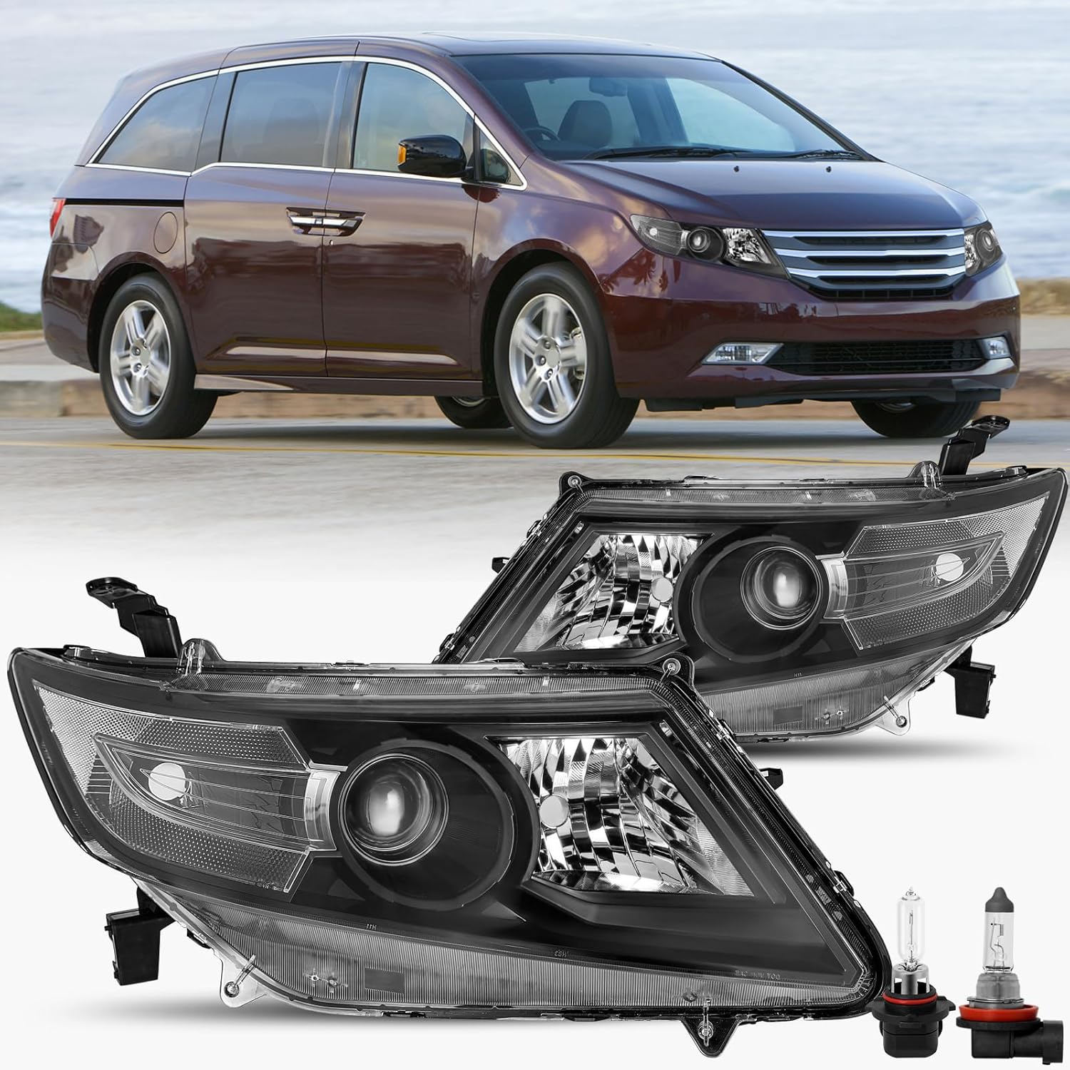 BRYGHT Headlight Assembly Compatible with 2011-2017 Honda Odyssey Halogen Headlamps Replacement Black Housing Clear Corner Left & Right Side