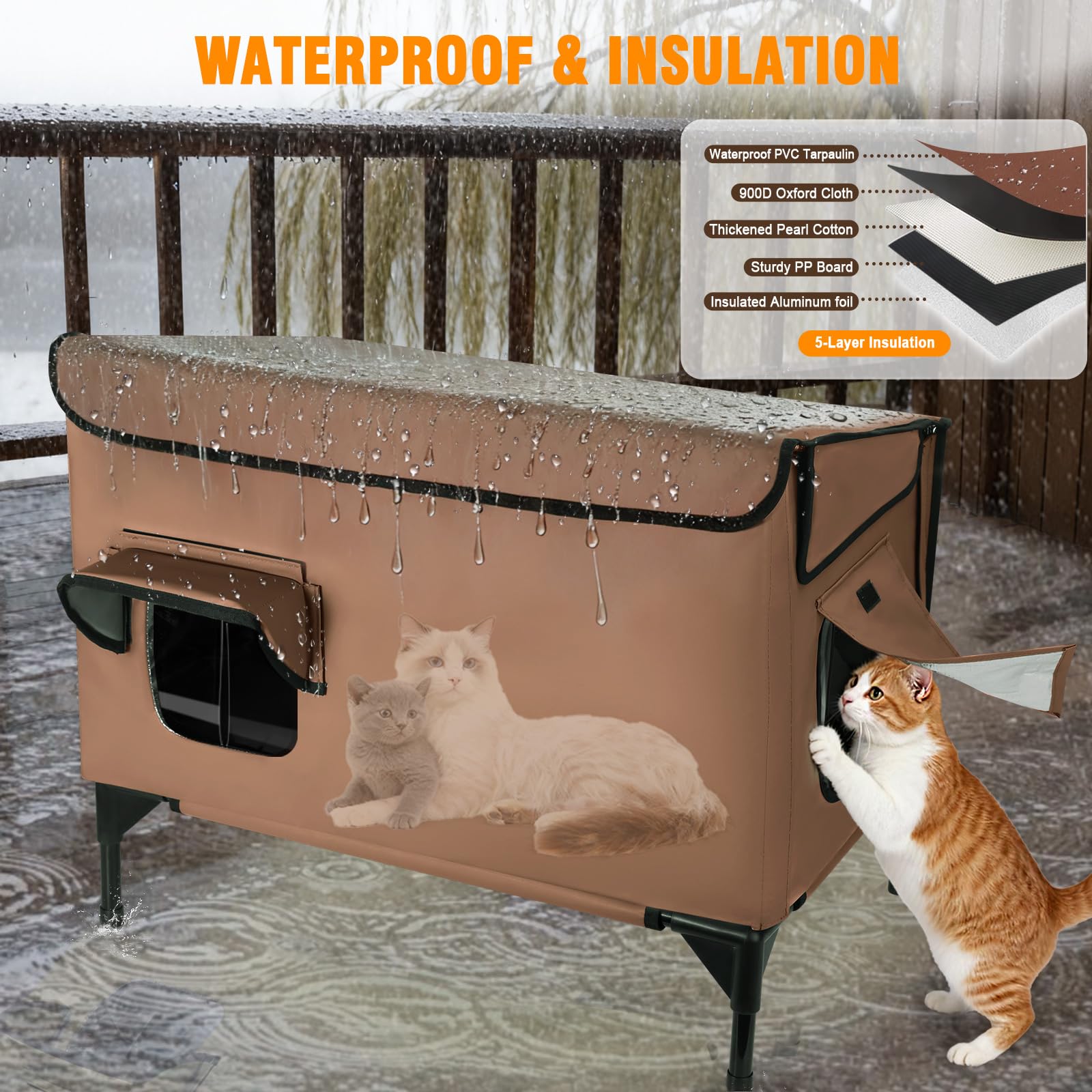 Großes Katzenhaus Outdoor Winterfest Isoliert, Erhöhtes Katzenhaus für Draußen mit Schrägdach und Fluchttür für Verwilderte Freigängerkatzen, Streunerkatzen vom Bauernhof (Braun)