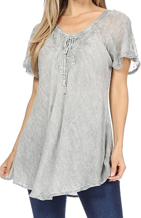 Sakkas Ellie Sequin Embroidered Cap Sleeve Scoop Neck Relaxed Fit Blouse