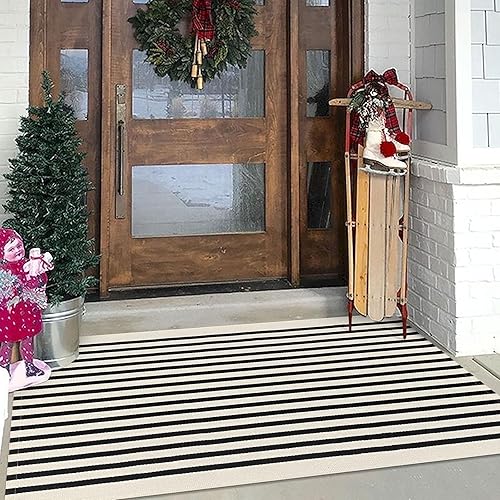 Miniatura 10 de KOZYFLY - Alfombra de algodón a cuadros, 35.4 x 59 pulgadas, lana cuadriculada, 3 x 5 pies, lavable y tejida a mano para entrada, porche, exterior y