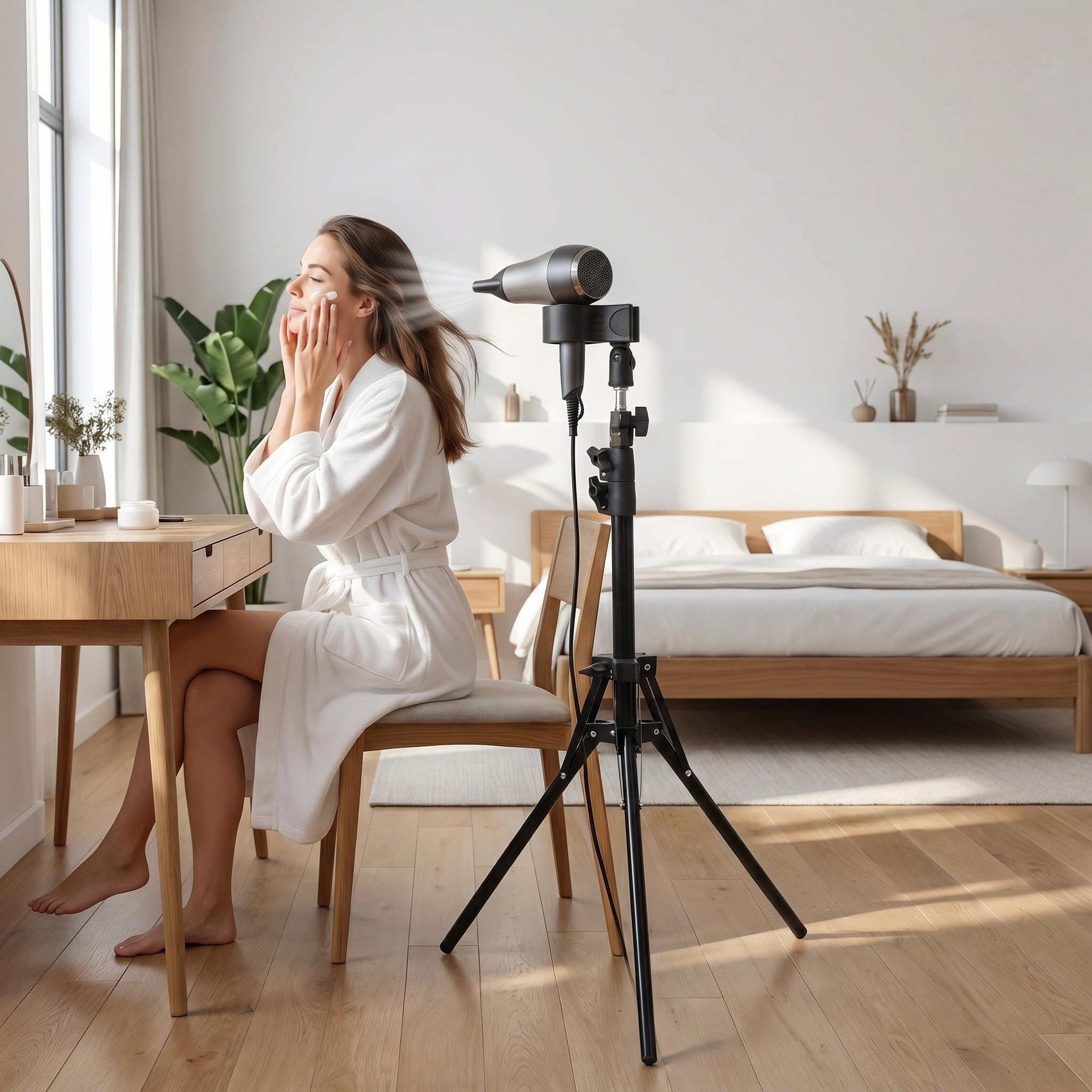 Soporte Ancha Ajustable de Altura Pelo para Secador 360° Giratorio con Clip de Sujeción Base y Almohadilla Antideslizante para Uso en Salón y Hogar
