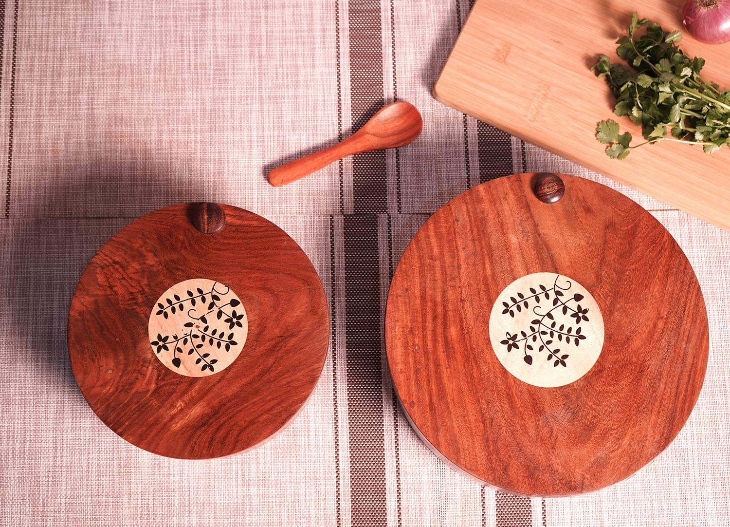Naayaab Craft Sheesham Wooden Masala Box With Spoon - Spin Round Design - 10 inch 2