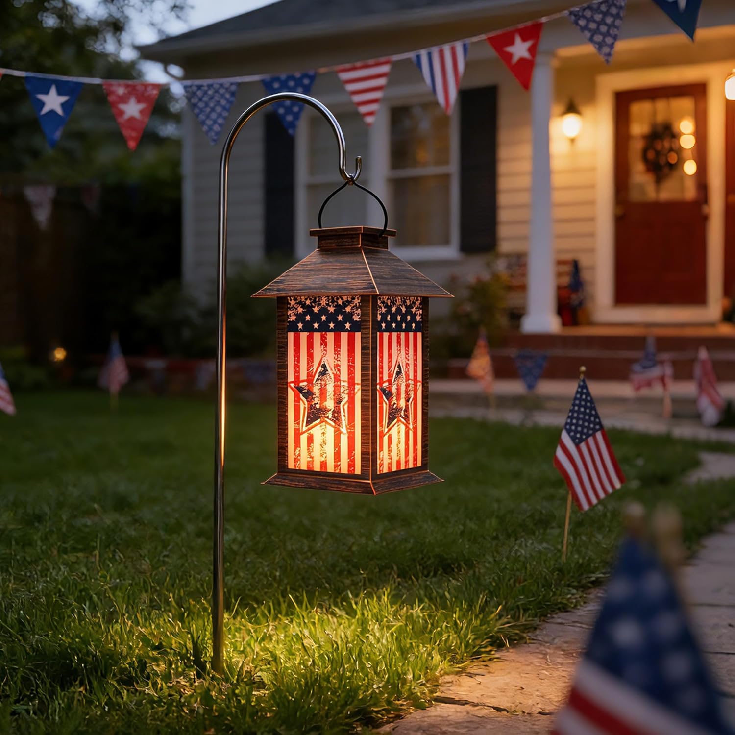 4th of July Solar Lanterns Outdoor Waterproof, American Flag Hanging Lantern with Flickering LED Candle, 13" Patriotic Lanterns Independence Day Decorations for Patio Porch Garden Yard Pathway, 1 Pack