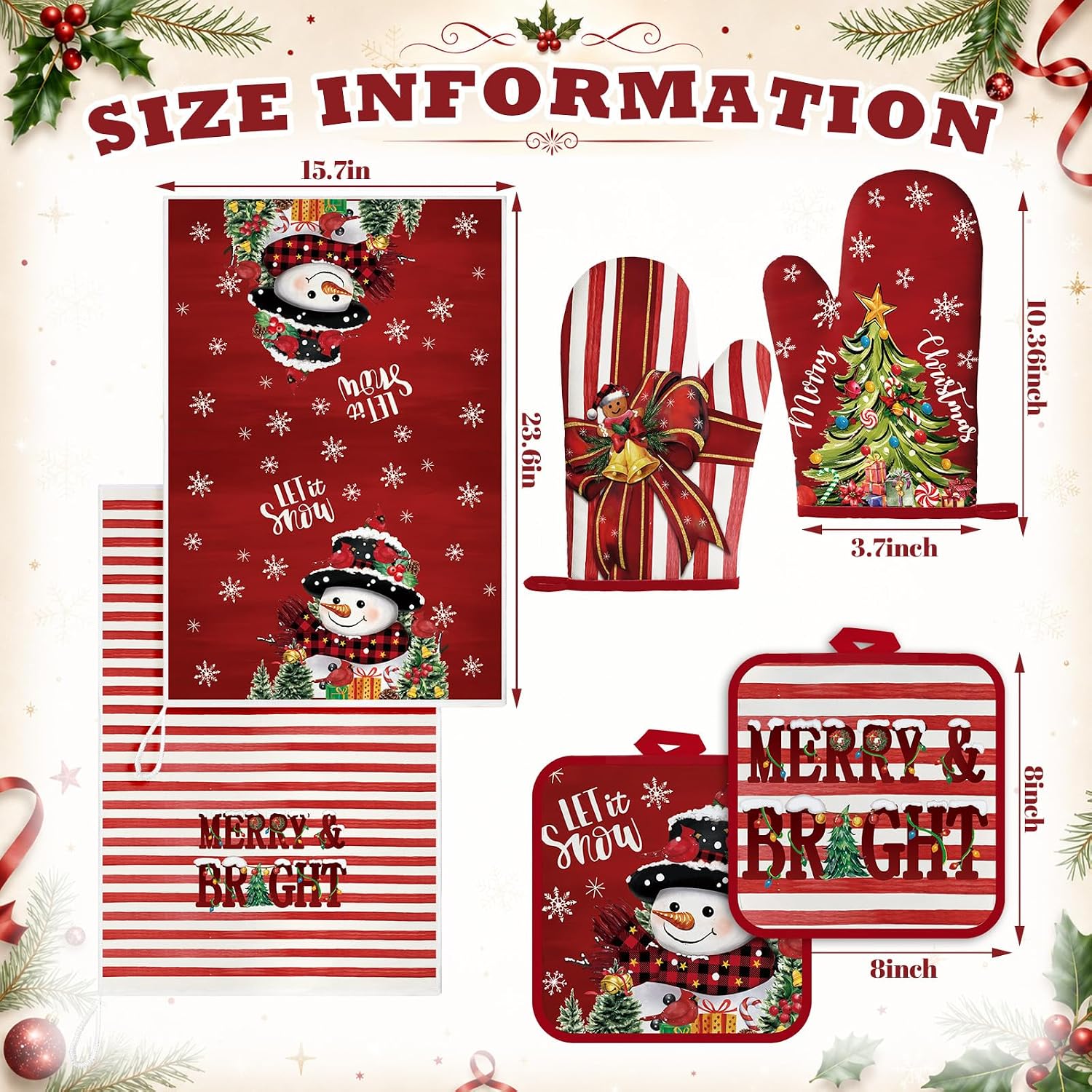 Jingmore 6 Pcs Red Christmas Snowman Kitchen Decor Set Accessory | Farmhouse Kitchen Towels,Pot Holders Oven Mitts Set,2 Dish Towels 2 Pot Holders and Cooking Mittens Oven Glove for Cooking