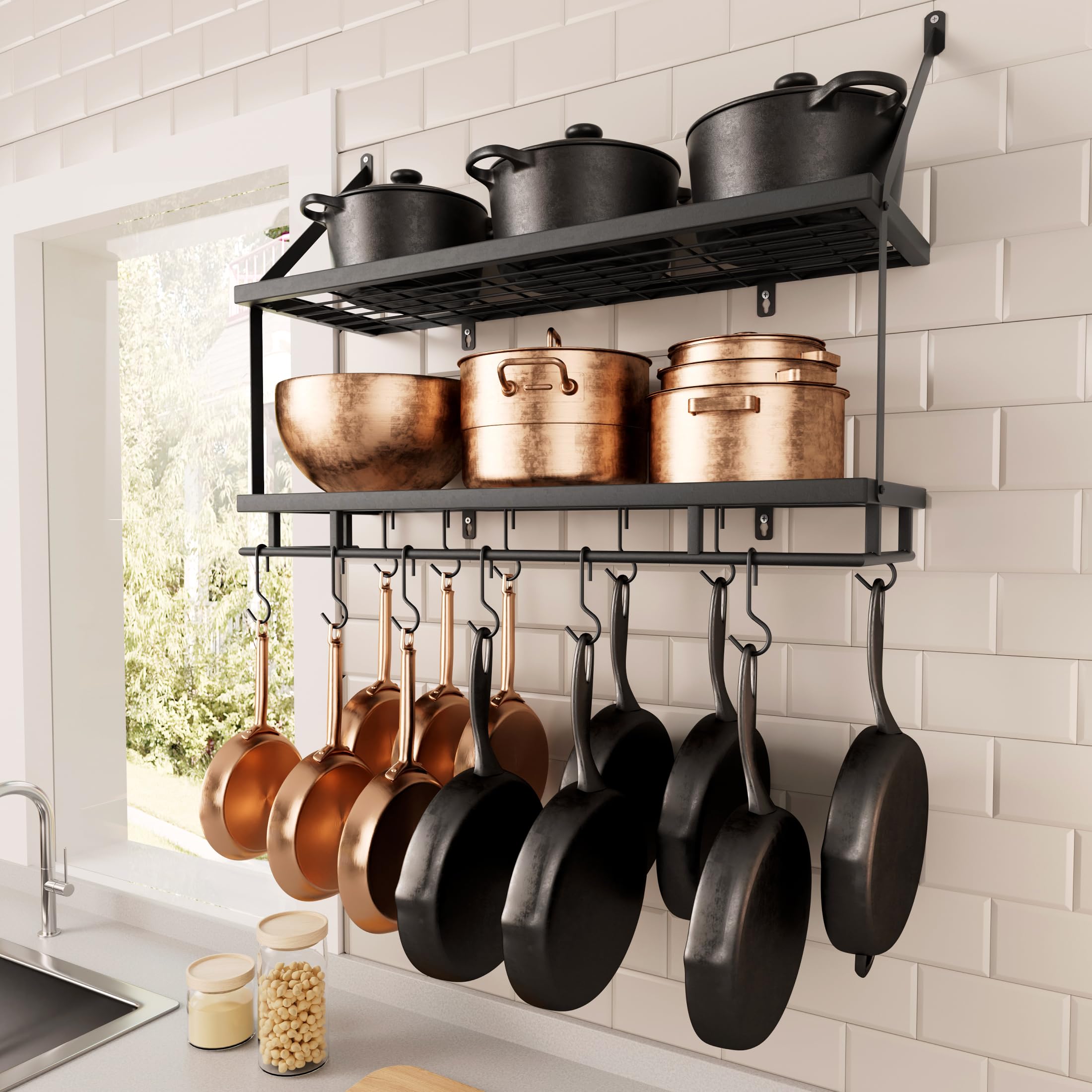 KES Estante de Cocina para Colgar 75CM Soporte para Ollas y Sartenes 2 Niveles con 12 Ganchos Almacenaje Organizador Negro, KUR215S75-BK