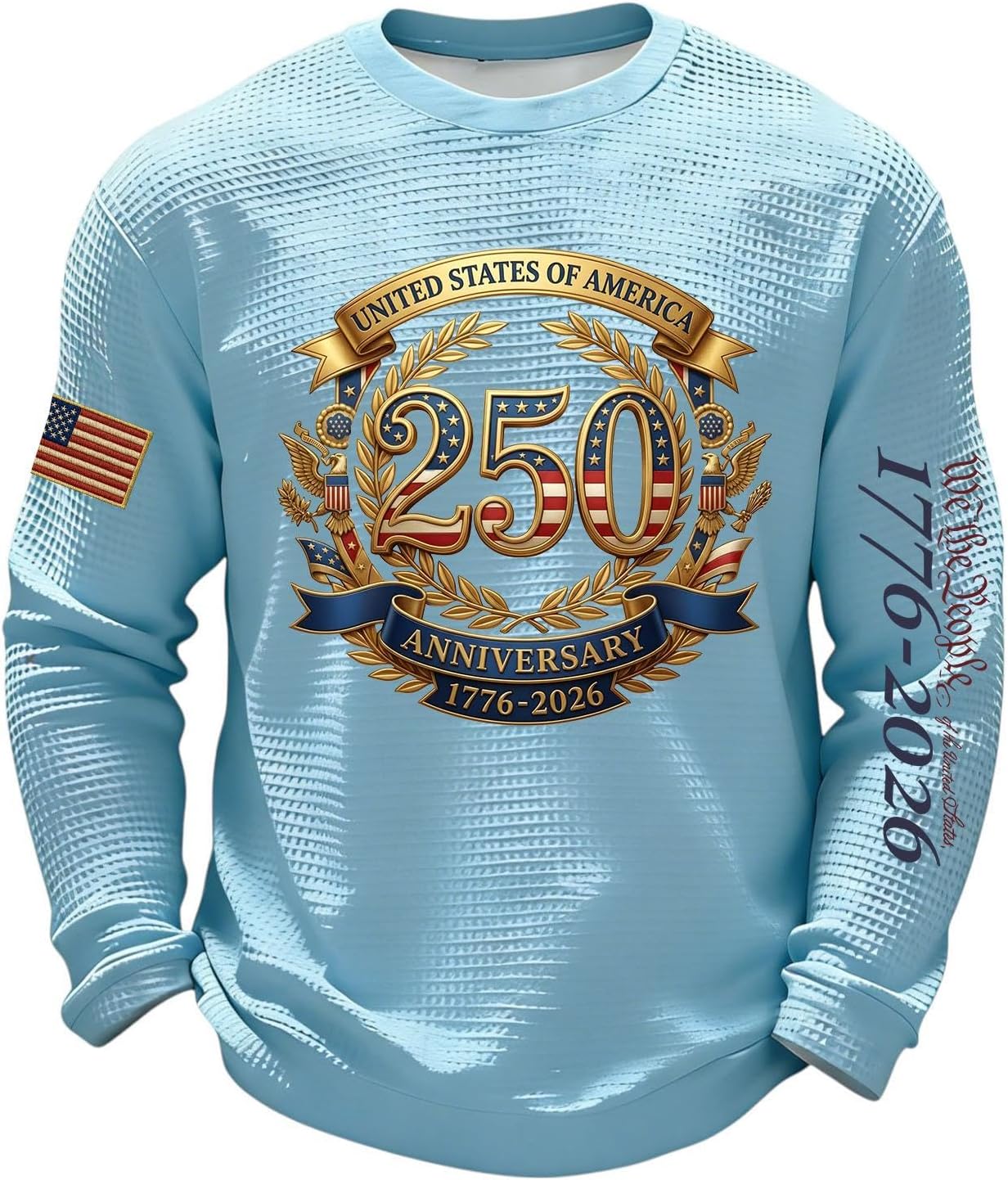 Men's 4th of July Shirts, Waffle Knit American Flag T-Shirts, Long Sleeve Crewneck Patriotic Shirt, S-5XL