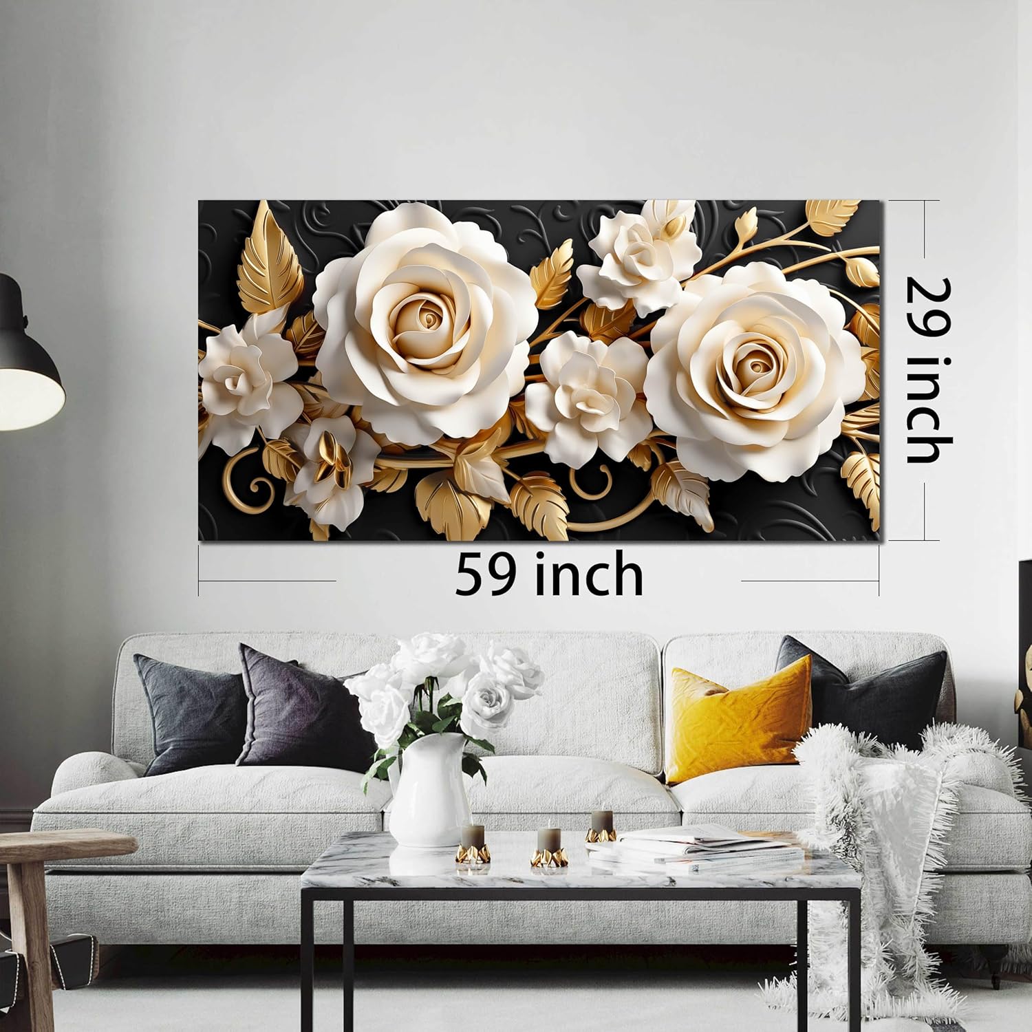 Flower Large Canvas Wall Art for Living Room Bedroom Home Office White and Gold Wall Art Blossom Picture Framed Wall Decor Modern Canvas Prints 29x59 In - Image 5
