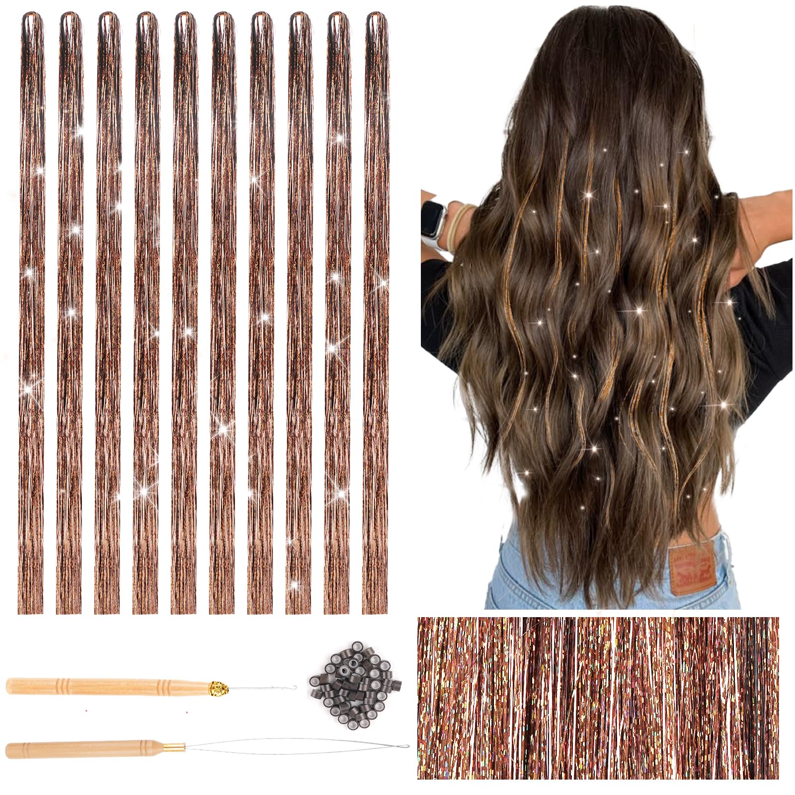 Deepton 2000 Hair Tinsel, 120cm Glitzer Haarsträhnen mit Werkzeug, Haar Lametta Set, Mädchen & Kinder Haarlametta, Glitzersträhnen für Haare für Frauen Kinder Cosplay Party Zubehör
