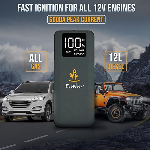 Miniatura 2 de Arrancador de coche de 6000 A  Amplificador de batería portátil de 12 V para todos los motores de gasolina y hasta 12 L, carga rápida USB dual,