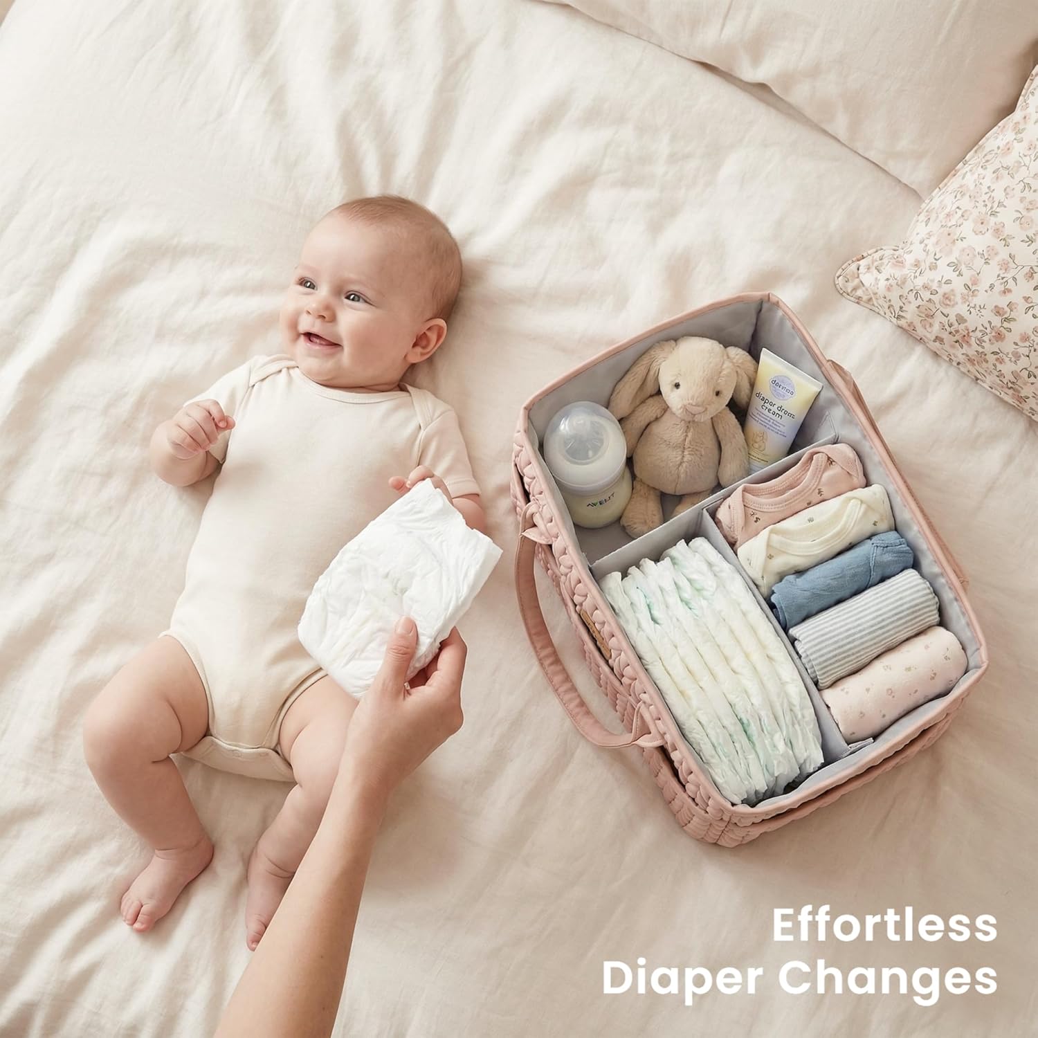 Konssy Braided Quilted Diaper Caddy Organizer, Boho Nursery Storage Basket with PU Leather Handles, Water-Repellent Portable Diaper Basket for Changing Table, Newborn Essentials (Blush)