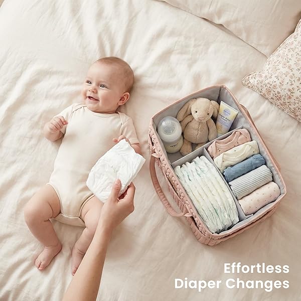 Konssy Braided Quilted Diaper Caddy Organizer, Boho Nursery Storage Basket with PU Leather Handles, Water-Repellent Portable Diaper Basket for Changing Table, Newborn Essentials (Blush) - 2