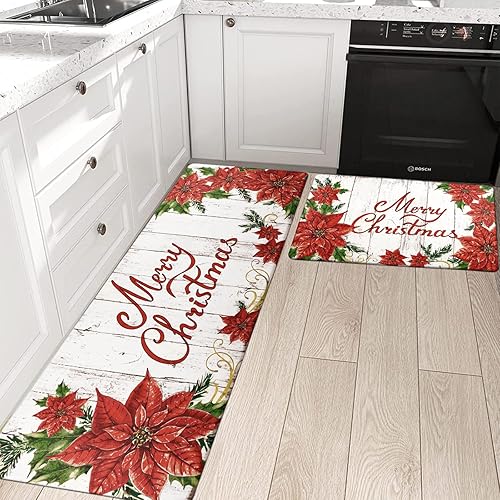 Miniatura 7 de Pauwer Juego de 2 alfombras de cocina con texto en inglés "Merry Christmas", tapetes de cocina con diseño de búfalo rojo, antideslizantes,