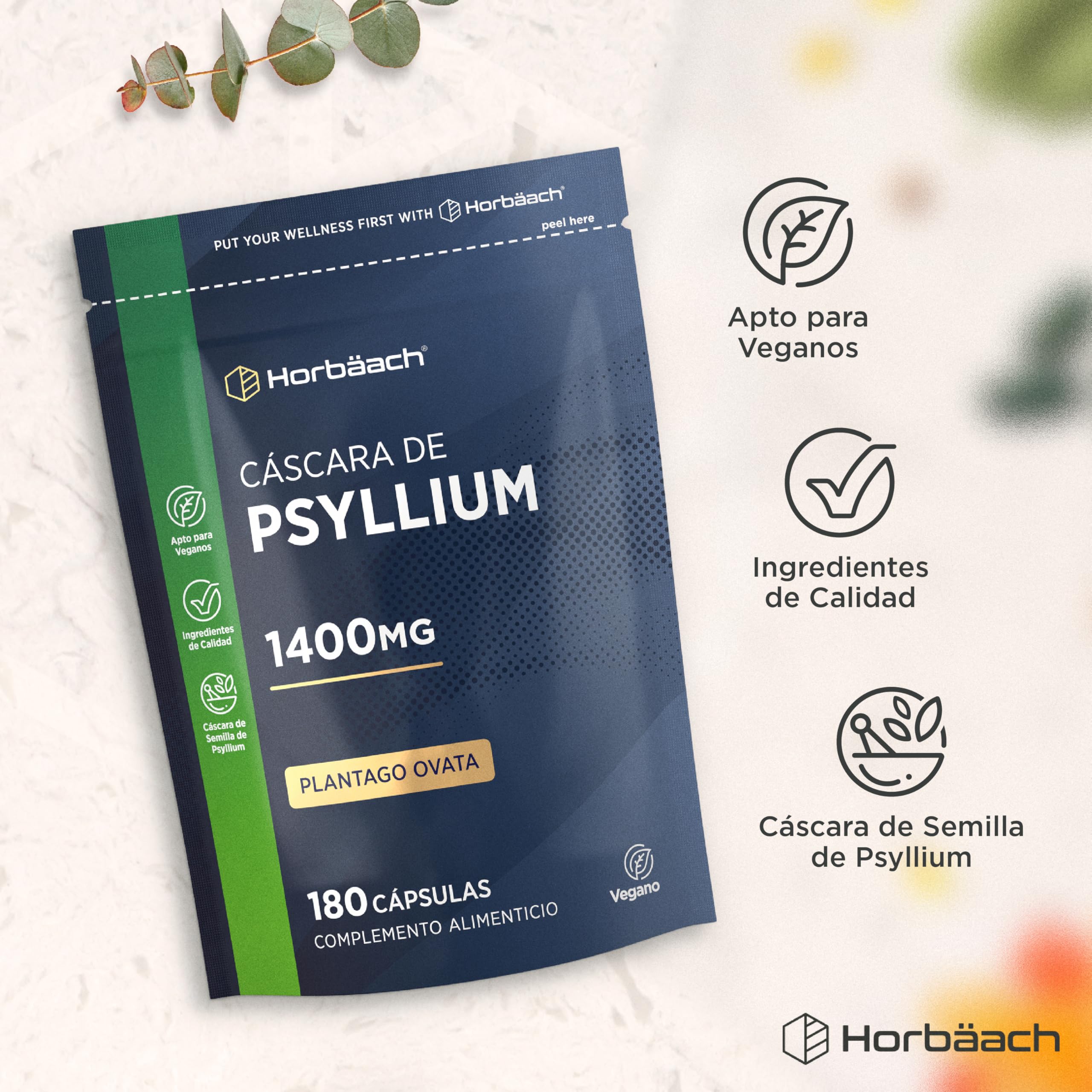 Psyllium Husk 1400 mg | Cáscara de Psyllium | 180 Cápsulas Veganas | Fibra de Psilio | Suplemento Fuente de fibra | Prebiótico Natural | Horbaach