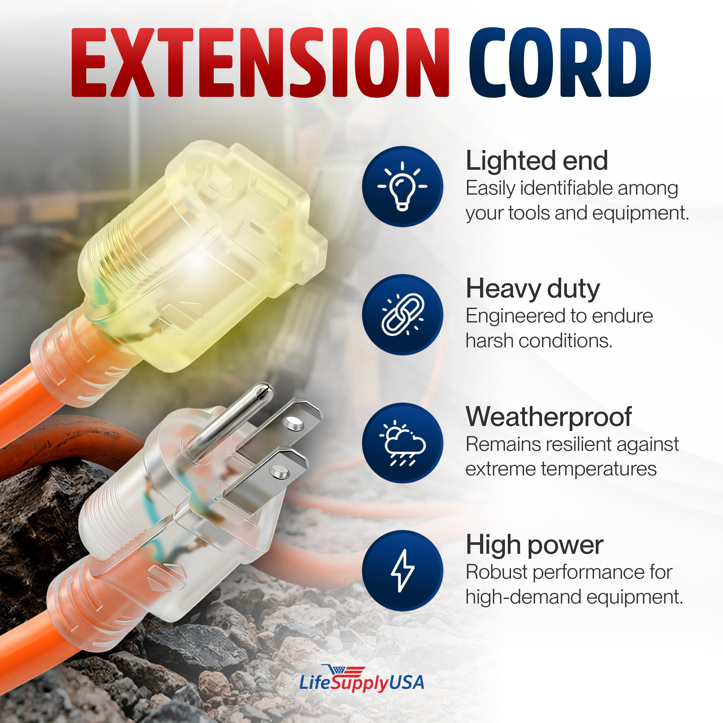 LifeSupplyUSA - Cable de extensión de alimentación de 25 pies, interior y exterior, resistente, 3 puntas SJTW, calibre 12, extremo iluminado, durabilidad extra, 15 amperios, 125 voltios, 1875 vatios,