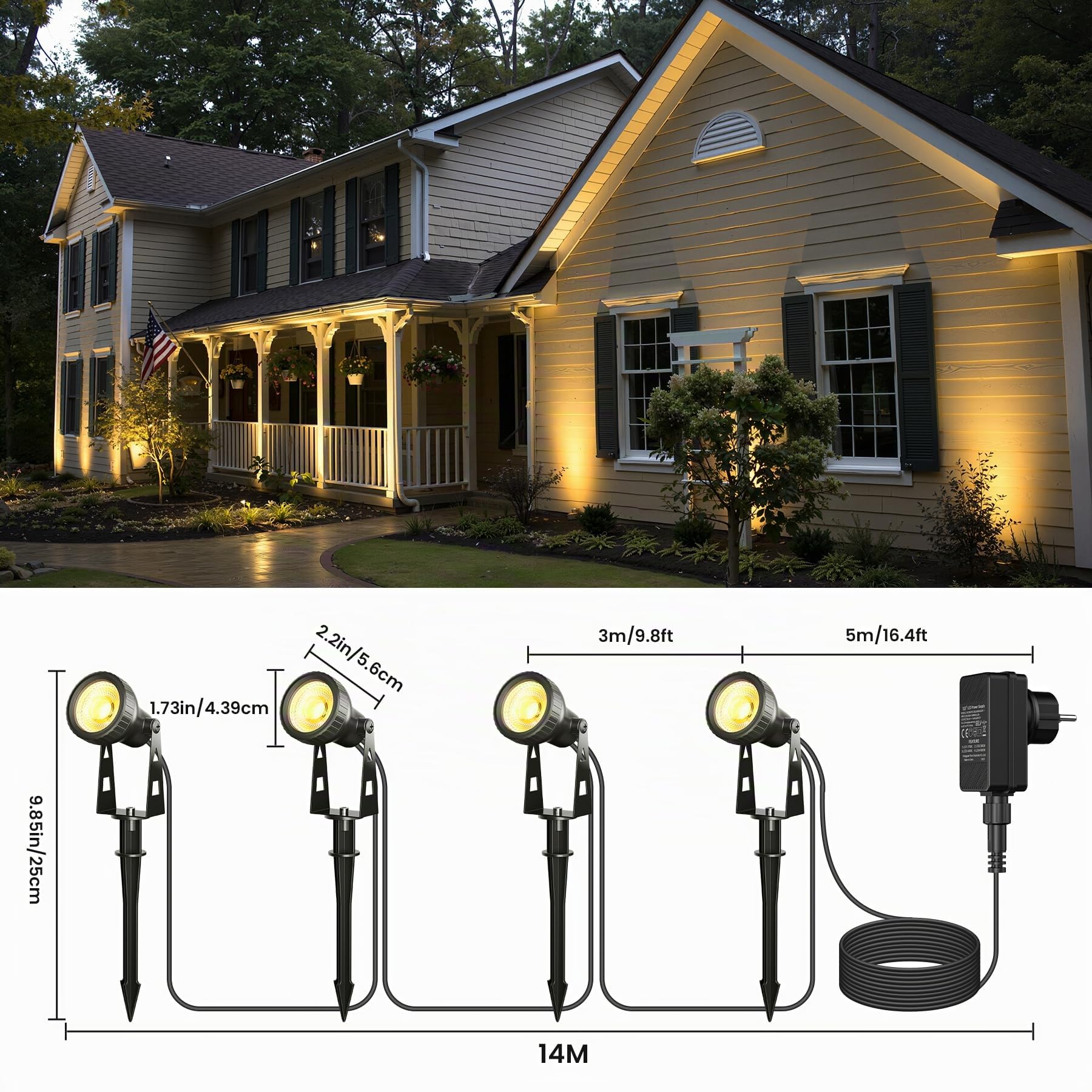 Zuske Gartenbeleuchtung LED Außen, 36FT/11m 4-in-1 Gartenleuchten mit Stecker, Gartenstrahler IP65 wasserdicht Wegbeleuchtung Bodenstrahler für Garten Terrasse Rasen Hof Einfahrt Partei