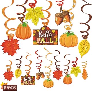 36CT Autumn Hello Fall Party Hanging Foil Swirls Decorations Pumpkins Maple Leaves Acorns Harvest Thanksgiving Photo Props Ideas Ceiling Door Whirls Streamers Supplies