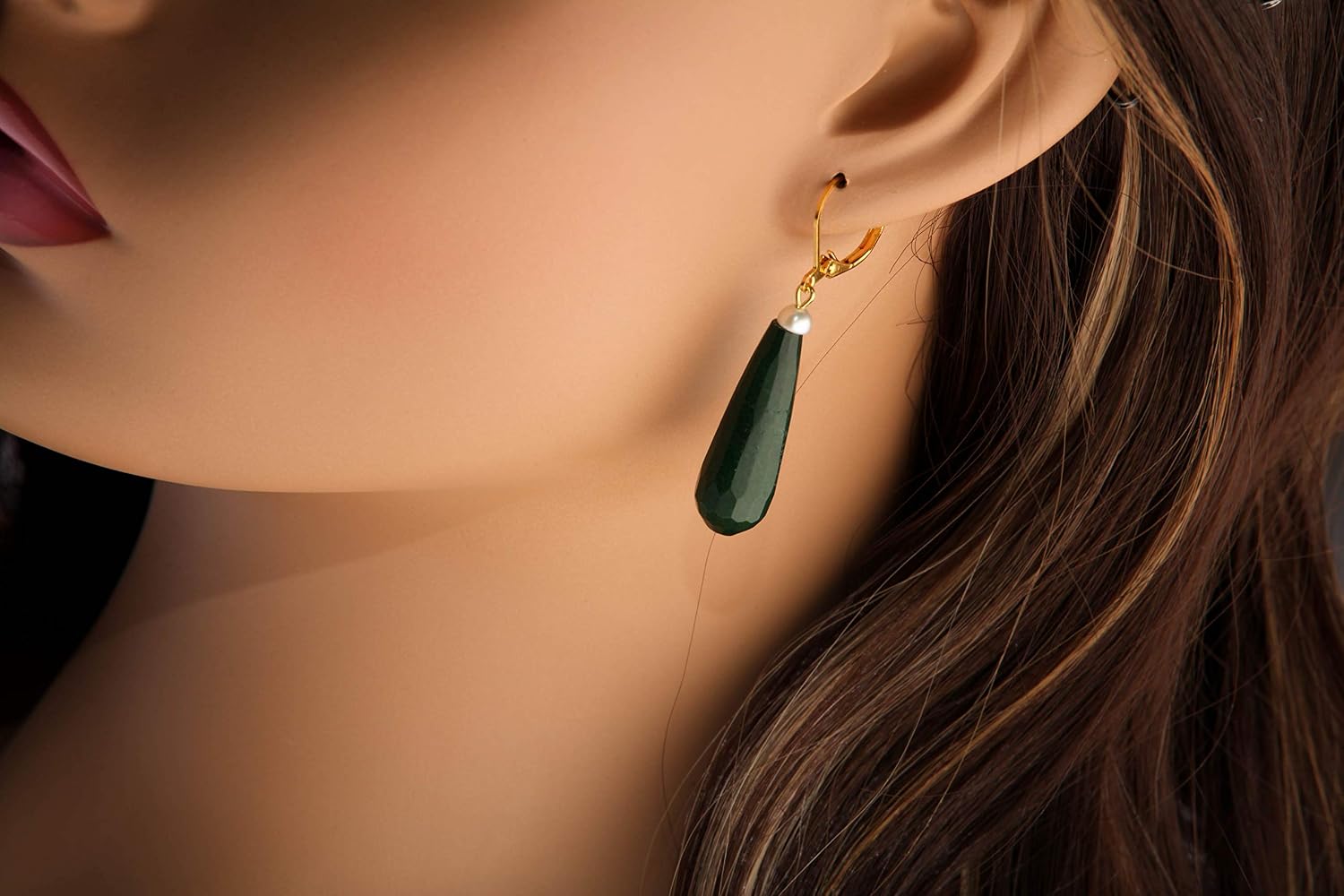 Dark Green Emerald Jade 20×40mm Long Teardrop with Freshwater Button Pearl, Silver or Gold Leverback Earrings, Gift for her