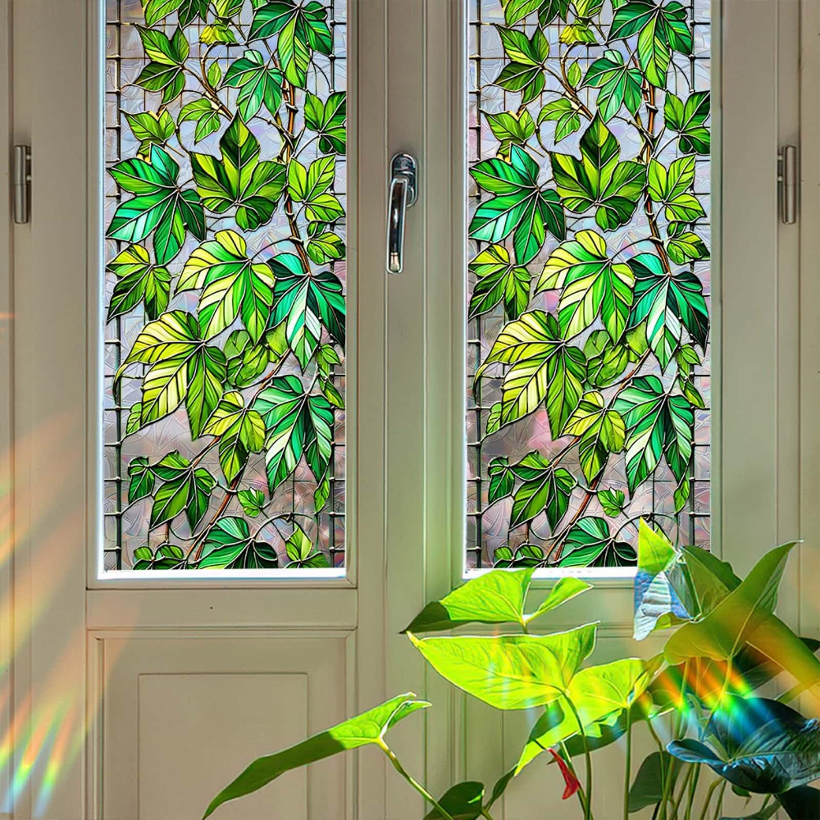 Privacy Film for Glass Windows 43x200cm Green Leaves Stained Glass Window Film Non Adhesive Reusable Waterproof PVC Opaque Window Stickers for Bathroom Office Decoration