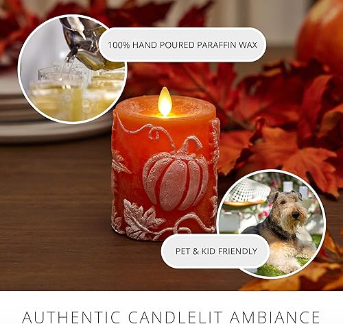 Miniatura 5 de Luminara Vela de pilar de llama móvil de hojas y calabazas en relieve de 3.25 x 4.5 pulgadas con borde empotrado, sin perfume, cera real, funciona