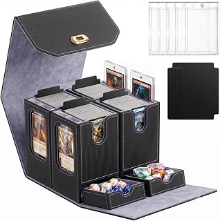 MTG Commander Deck Box, 4 Deck Card Storage Box with Handle | 4 display windows, 35PT magnetic holders, dice trays & play mat, secured by strong magnets & twist lock for MTG & TCG Cards
