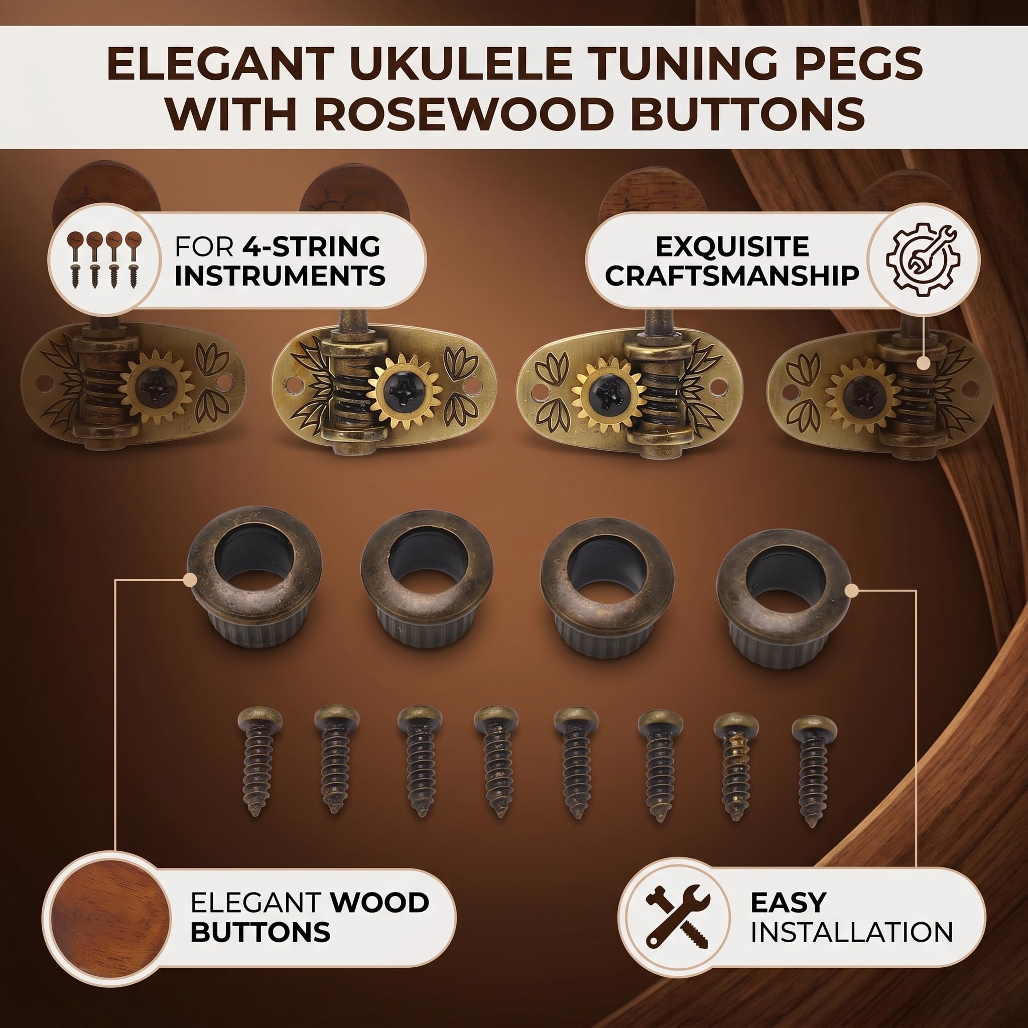 Chevilles de Réglage pour ukulélé, 4 Têtes de Machine Classiques 2L2R avec Boutons en Bois élégants pour Accessoires de ukulélé à 4 Cordes