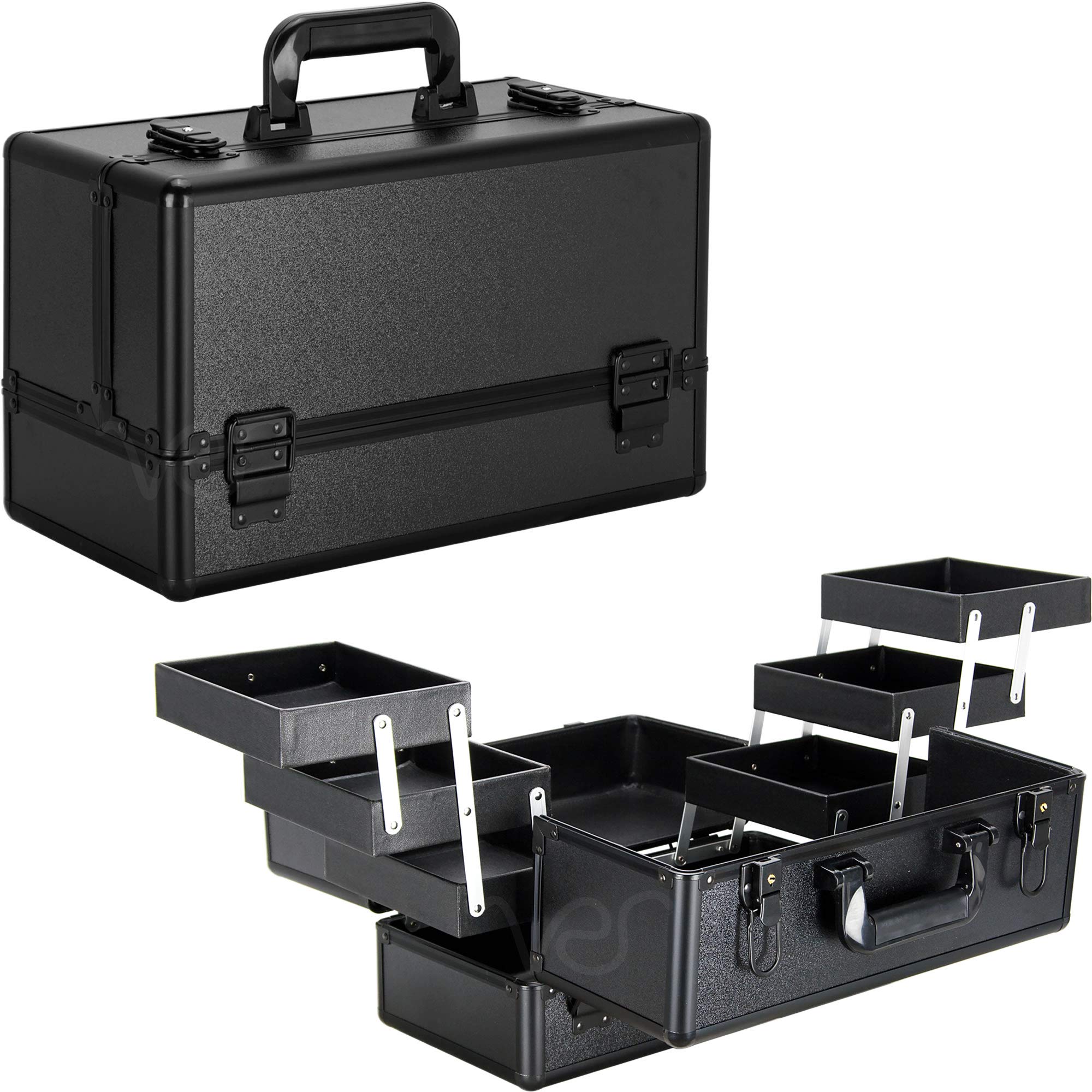 Ver Beauty Professional Makeup Organizer Heavy Duty Makeup Artist Train Case with 6 Easy Slide Extendable Trays and Brush Holders VP002 Black Matte
