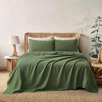 ATLINIA 100% Pure Flax Linen Bedding Set - Stone Washed French Linen Fabric Deep Pocket Fitted Sheet Farmhouse Flat Sheet 2 Pillowcases Green, Full