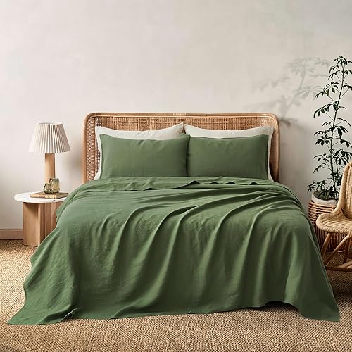 ATLINIA 100% Pure Flax Linen Bedding Set - Stone Washed French Linen Fabric Deep Pocket Fitted Sheet Farmhouse Flat Sheet 2 Pillowcases (Green, Queen)