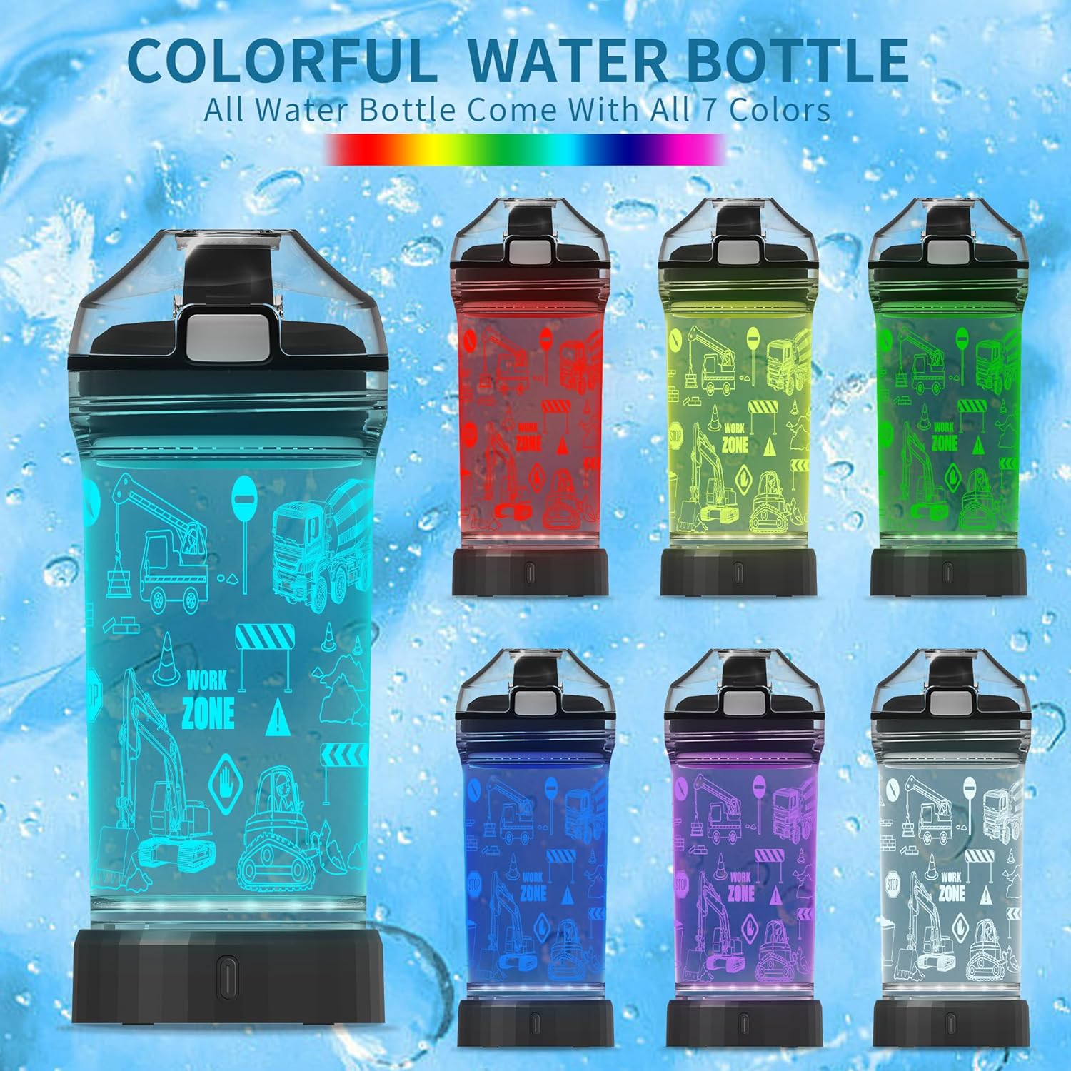 OkiyiD Kids Water Bottle, Tractor-themed Light-Up Sport Cup with 3D Glowing LED Tractor Light – 14 OZ Tritan BPA-Free - Camping, and Holidays (Tractor)