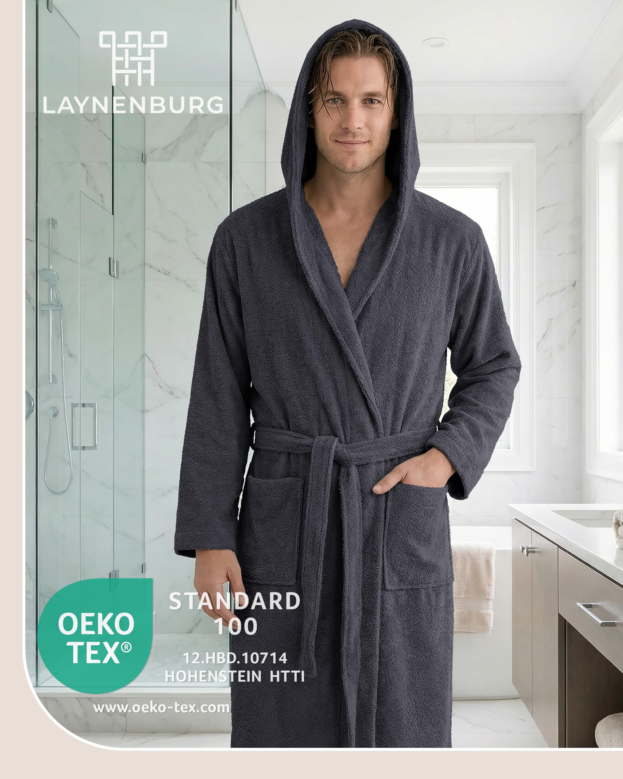 LAYNENBURG Bademantel Herren Frottee aus 100% Baumwolle - OEKO TEX Standard - weicher Morgenmantel waden-lang mit Kapuze, Bindegürtel und aufgesetzten Taschen - Ideal für Sauna & Zuhause (M-XXXL)
