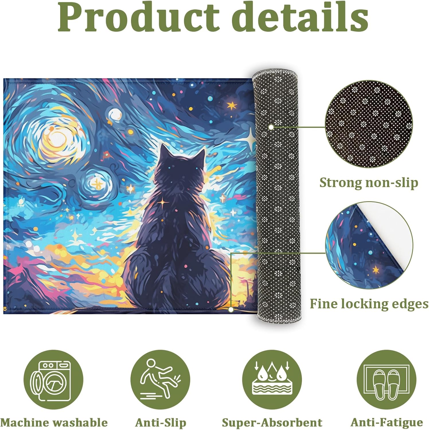 Starry Night Black Cat Bath Mat Non-Slip Bathroom Rugs Mats Washable Door Mat Quick Dry Doormat for Entrance Indoor Outdoor Laundry, 17x30 Inch
