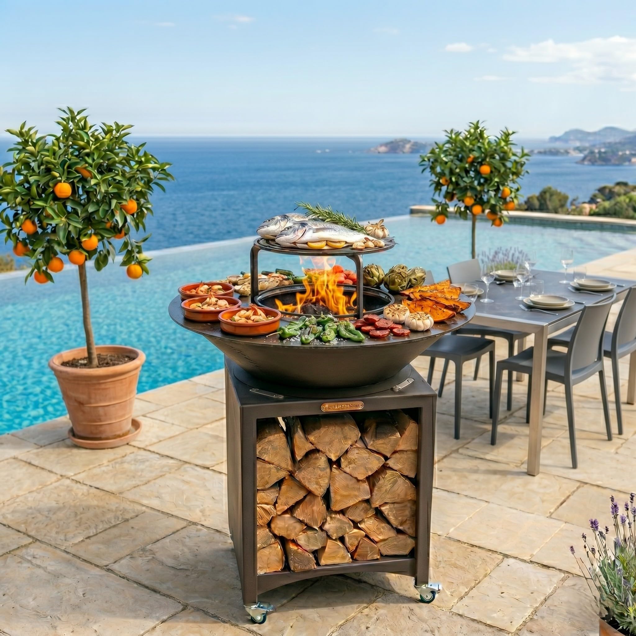 Brasero Haut avec Plaque et Grille Amovible en Acier Barbecue plancha extérieur Ø 75 cm