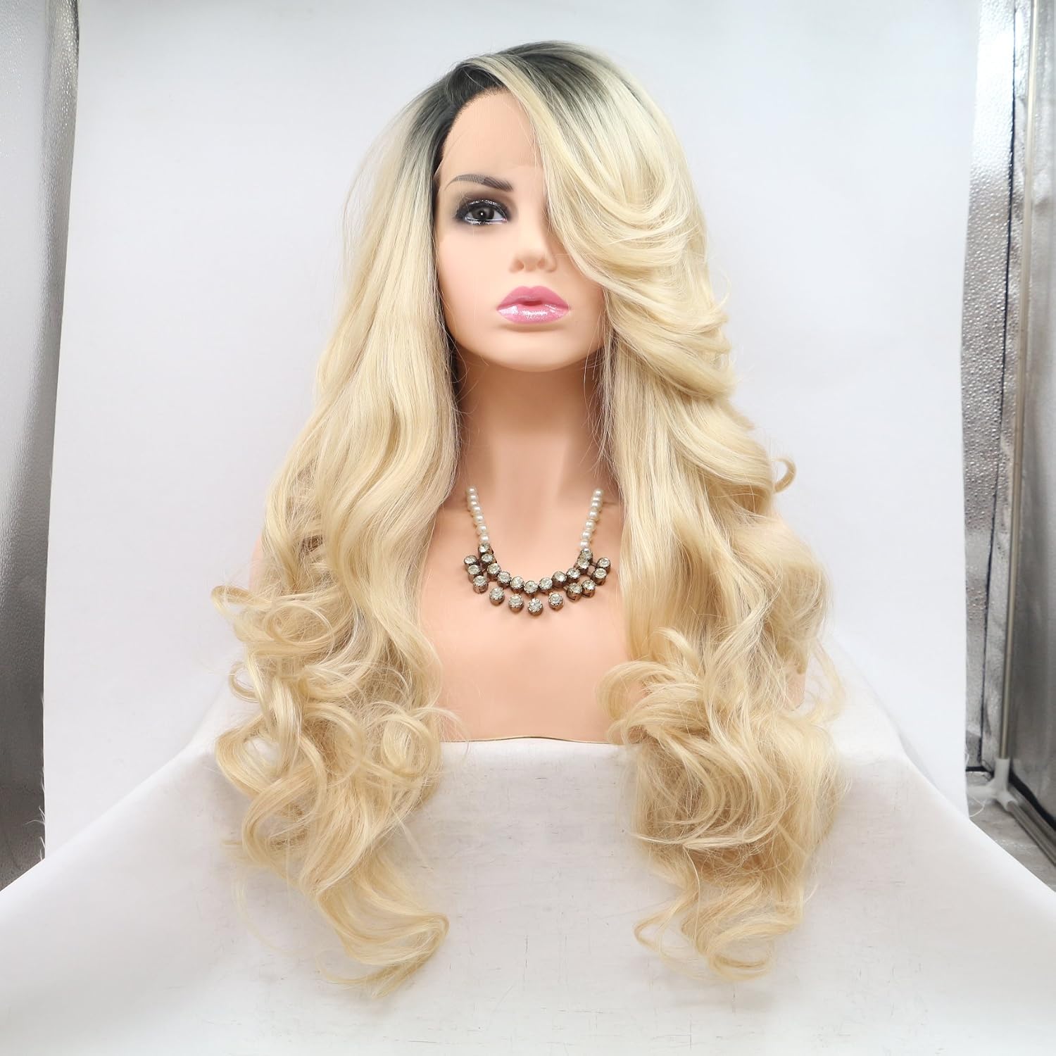 Ombre Blonde Lace Front Wigs Long Natural Wavy Synthetic Wig for Women Dark Root Blonde Realistic Hairline Daily Party Heat Resistant Hair (24 Inch, 2T Blonde/lace front wig) - Image 3