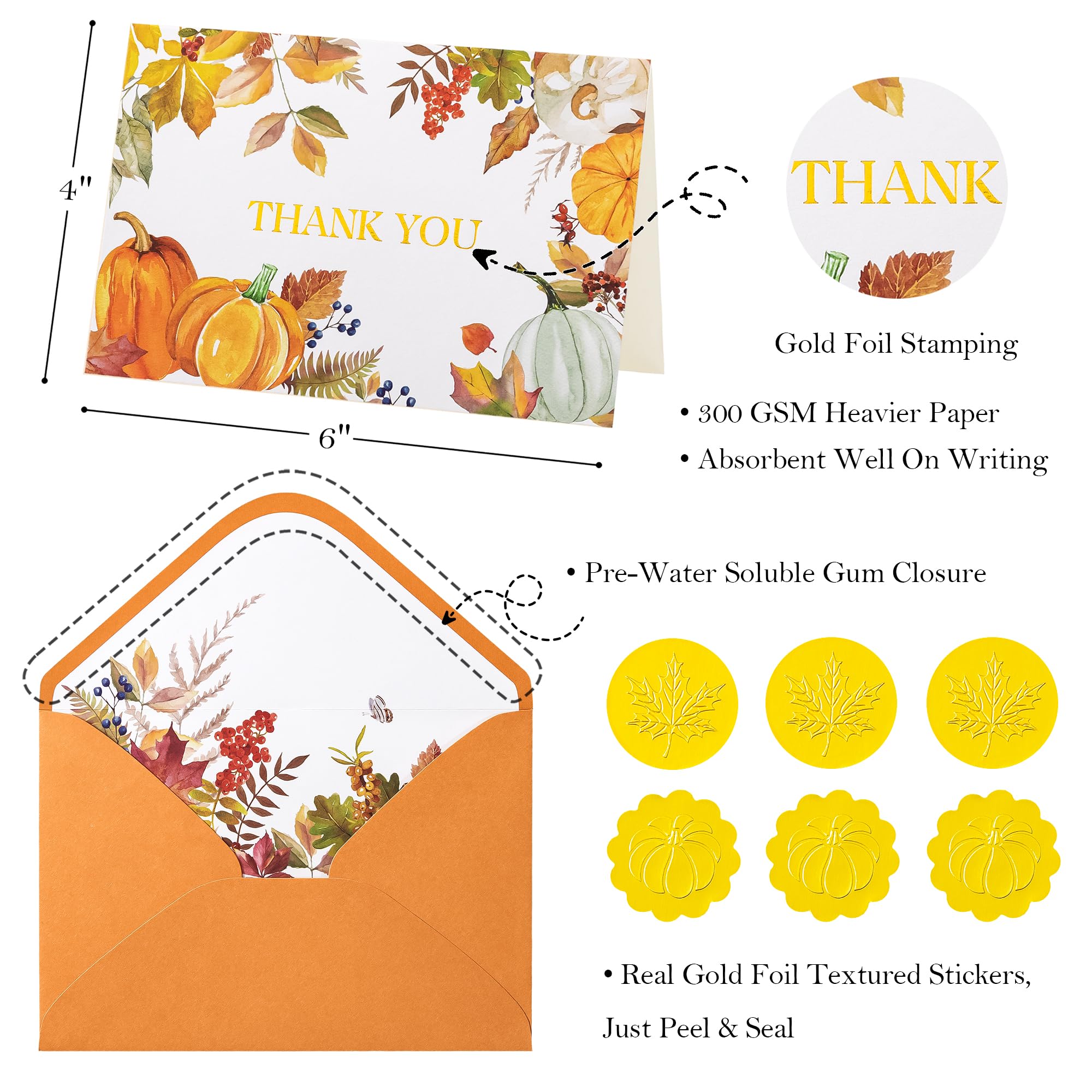 Crisky Lot de 50 cartes de remerciement de mariage d'automne avec enveloppes et autocollants, citrouille, feuilles d'automne vierges pour fête prénuptiale, fête prénatale, Thanksgiving, affaires