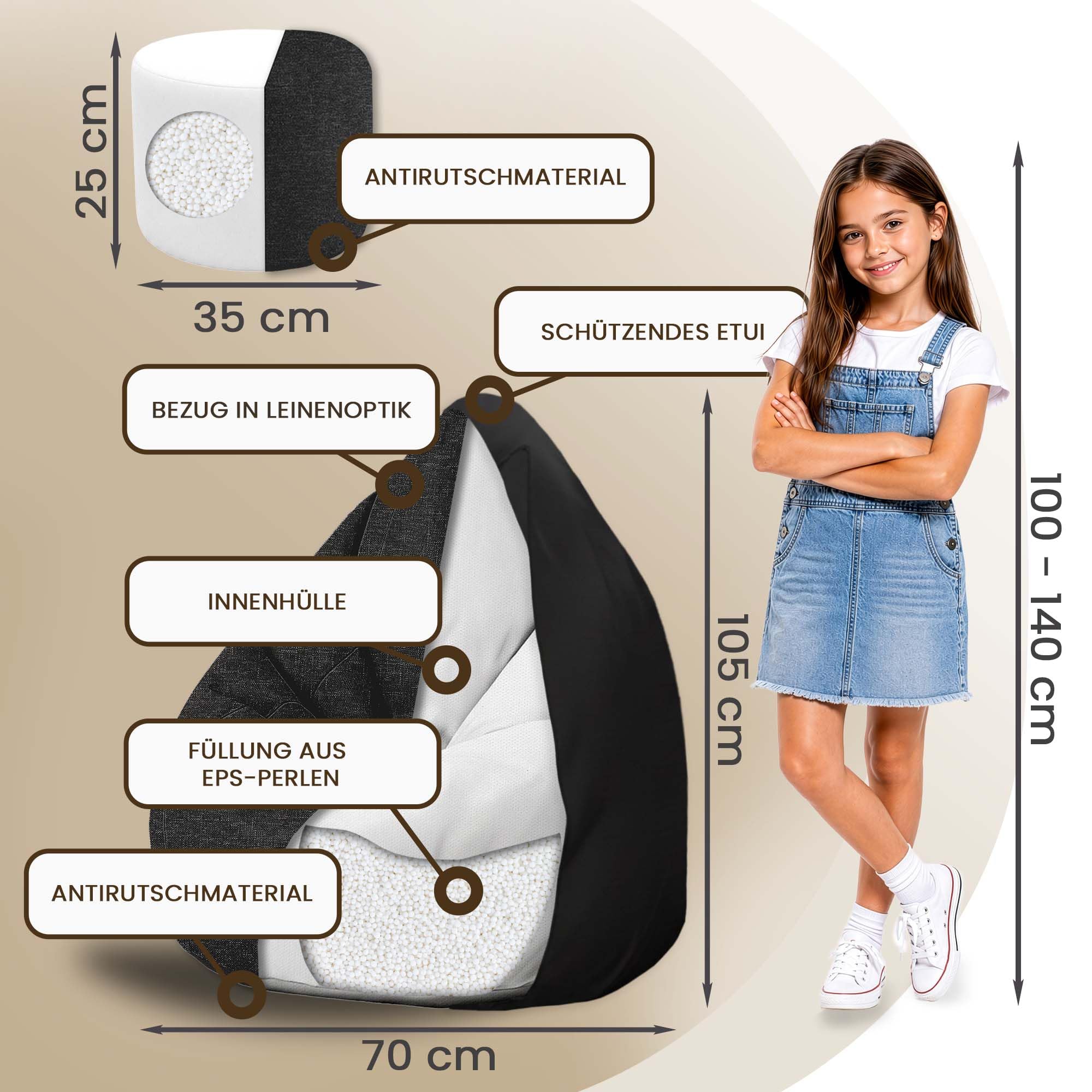 DreamRoots Sitzsack Outdoor Wetterfest - Bean Bag - Oxford 240 g/m² Leinenoptik - 8000 mm Wassersäule, UV-beständig - Mit Füllung & Hocker, rutschfest - Sitzsack für Kinder Schwarz