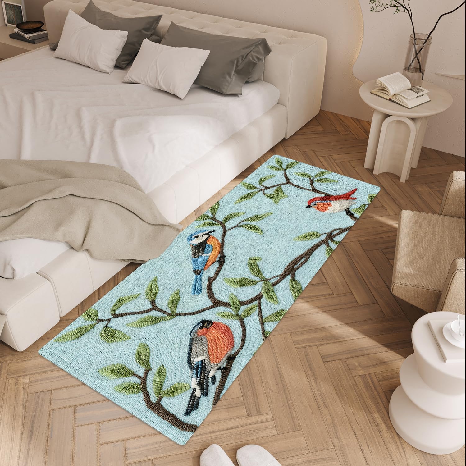 ANNA QUEEN Bird Embroidery Laundry Room Rug Runner 20x47 Inch - Waterproof Non-Slip Floor Mat for Front Load Washer Dryer, Blue Red Floral Cottage Decor, Machine Washable
