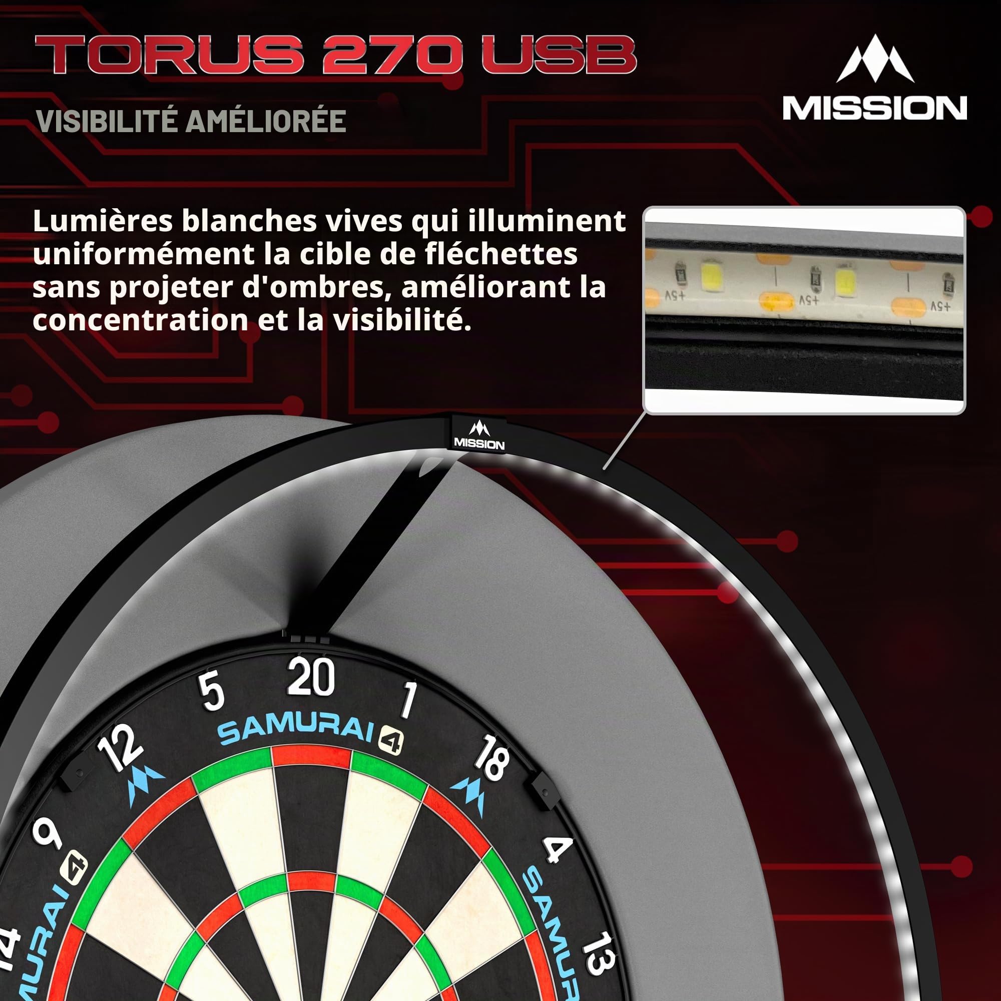 Mission Darts TOR270 Torus 270 | Système d'éclairage LED pour cible de fléchettes avec zone d'accès facile pour un jeu illimité - Noir sablé
