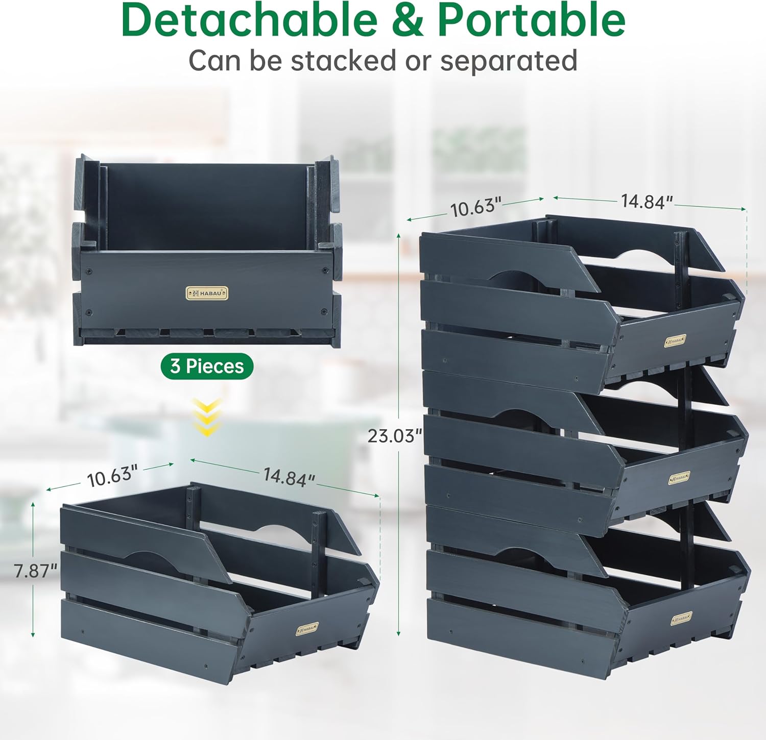 Wood Potato Onion Storage Bins - Wooden Stackable Produce Basket - Fruit Vegetable Storage for Kitchen Pantry Organization, Set 3 Pieces