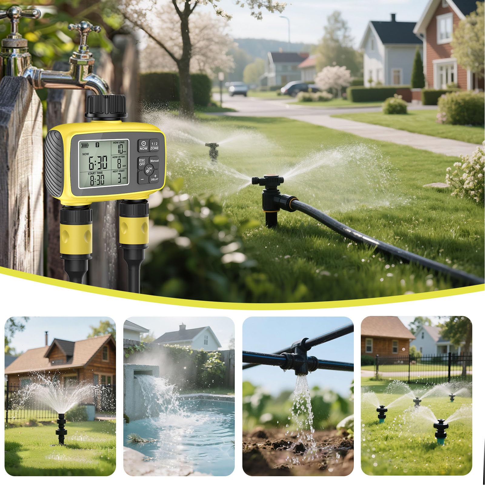 Timer Wodny do Węża Ogrodowego, 2 Strefy Programowalny Water Timer Manual System Kontrolera Nawadniania z Opóźnieniem Deszczu, dla Podwórza, Trawnika, Basenu