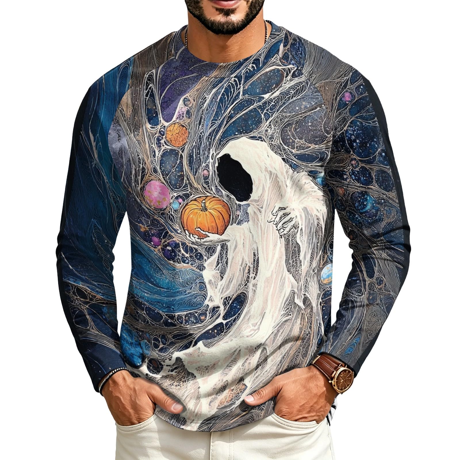 Halloween Crew Neck Shirts Costumes for Men Long Sleeve Fit Pumpkin Ghosts Print Casual Fashion Tops 2026，02-Dark Gray S — image 1
