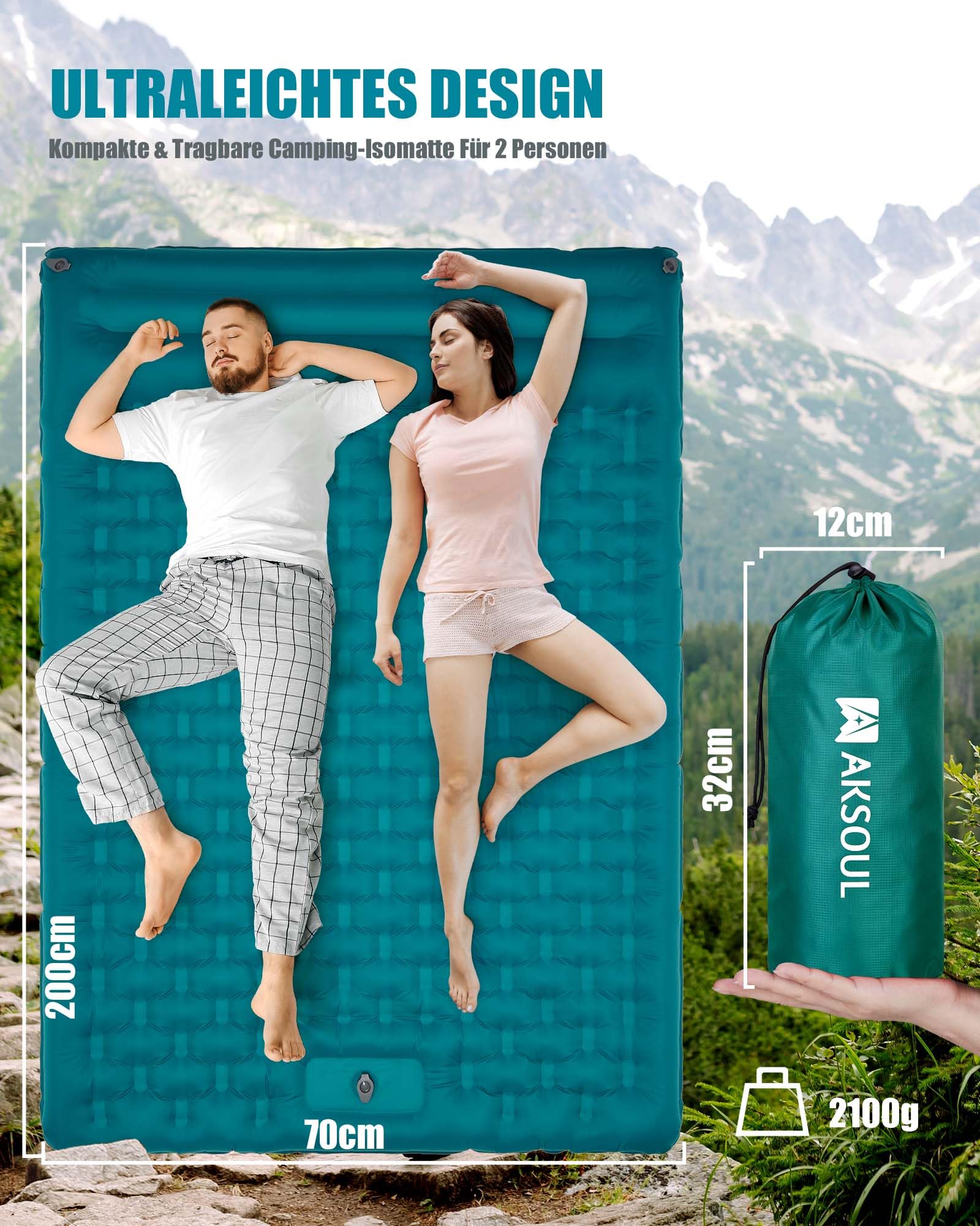 AKSOUL Double Tapis de Camping Matelas Gonflable - Portable & Léger Tapis de Couchage Autogonflant, 2 Personnesavec Matelas de Couchage Oreiller & Pompe à Pied pour Randonnée, Tente