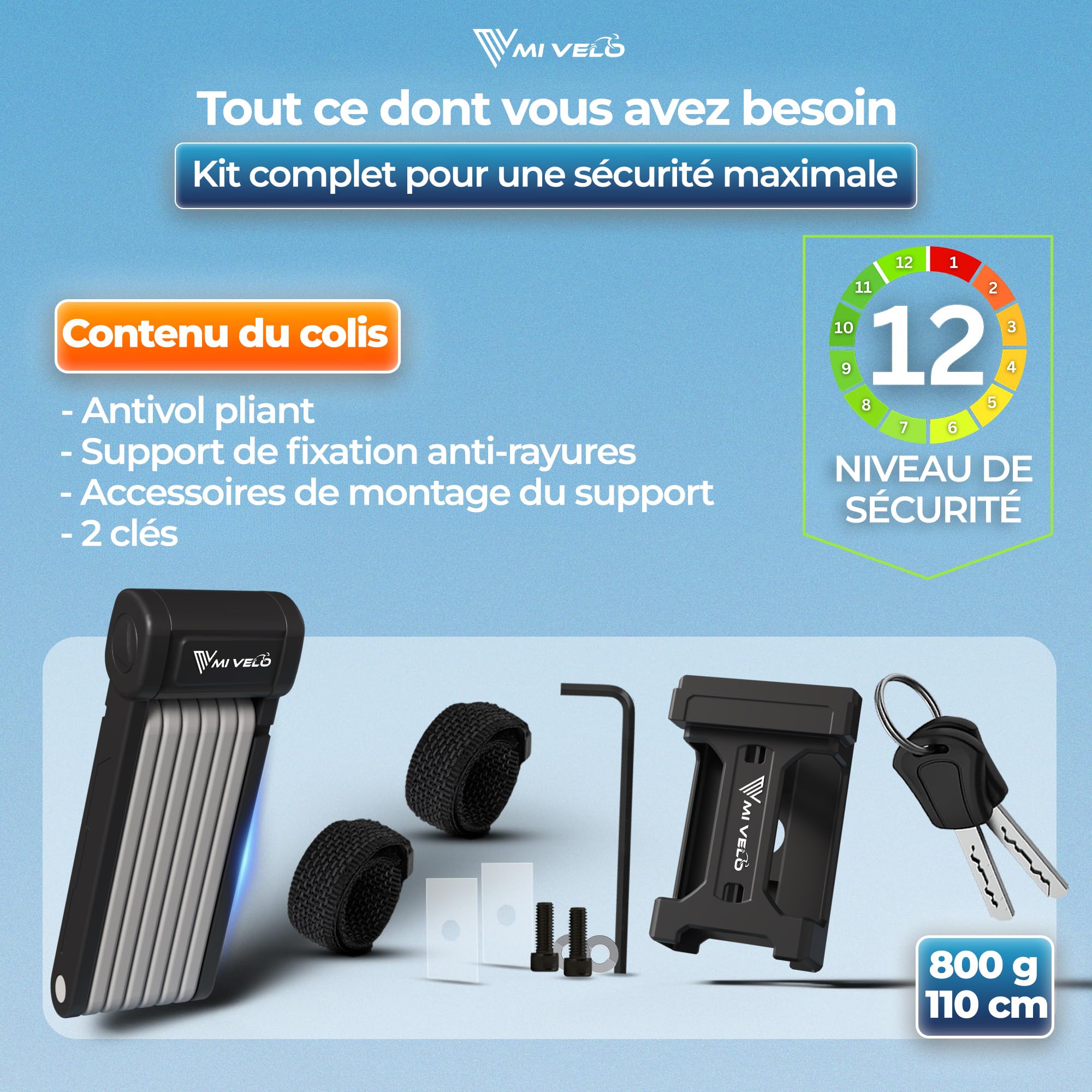 MIVELO Antivol pliable pour vélo - Haute sécurité - 85 cm de long - Antivol de vélo avec clé et support - Idéal pour vélo électrique, VTT et vélo de route - Verrouillage vélo