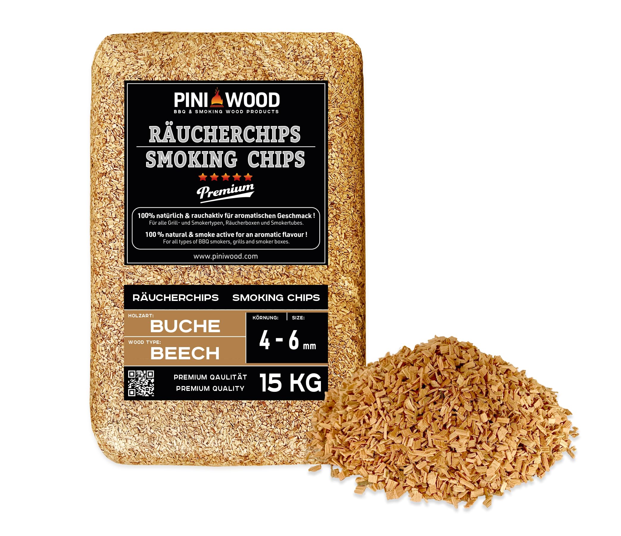 PINI Trucioli per affumicatura in faggio, 15 kg, 4 – 6 mm