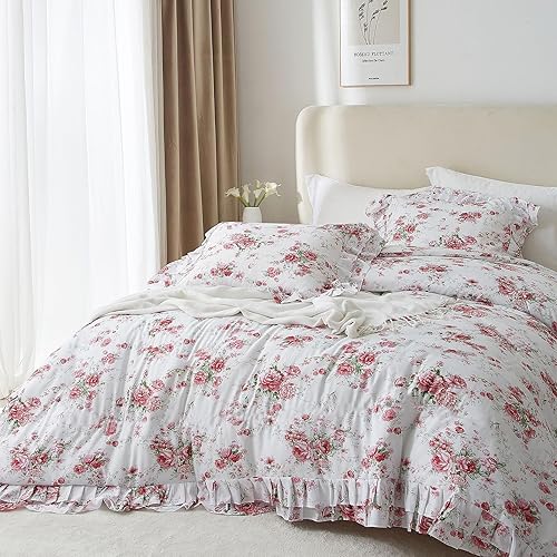 Miniatura 5 de VM VOUGEMARKET - Juego de funda de edredón campestre con volantes, individual, 3 piezas, flores de rosas rojas y 2 fundas de almohada, juego de ropa