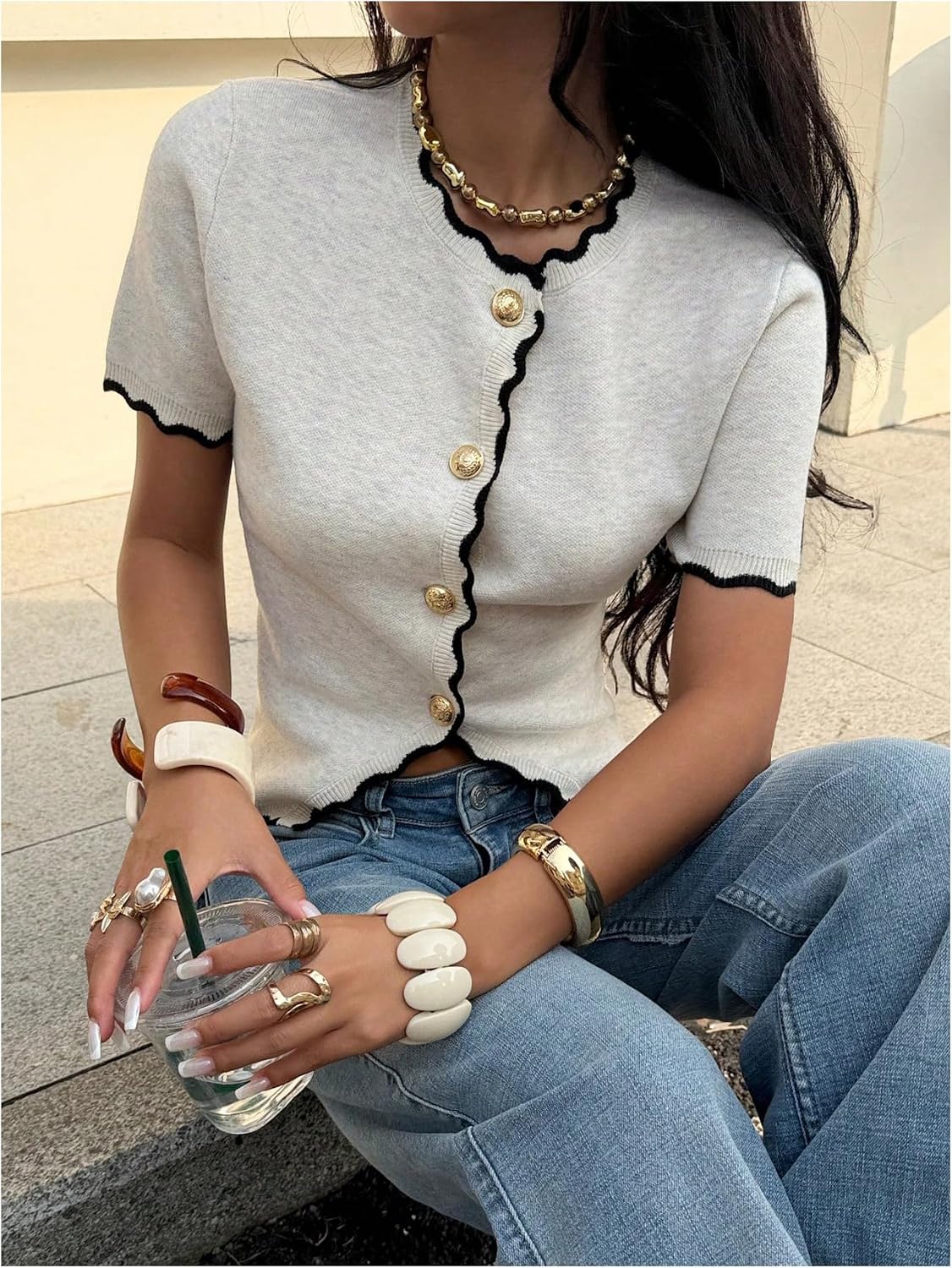 GORGLITTER Women's Short Sleeve Button Down Sweaters Cardigans Knit Tops Trendy Dressy Cute Cozy Cropped Sweater