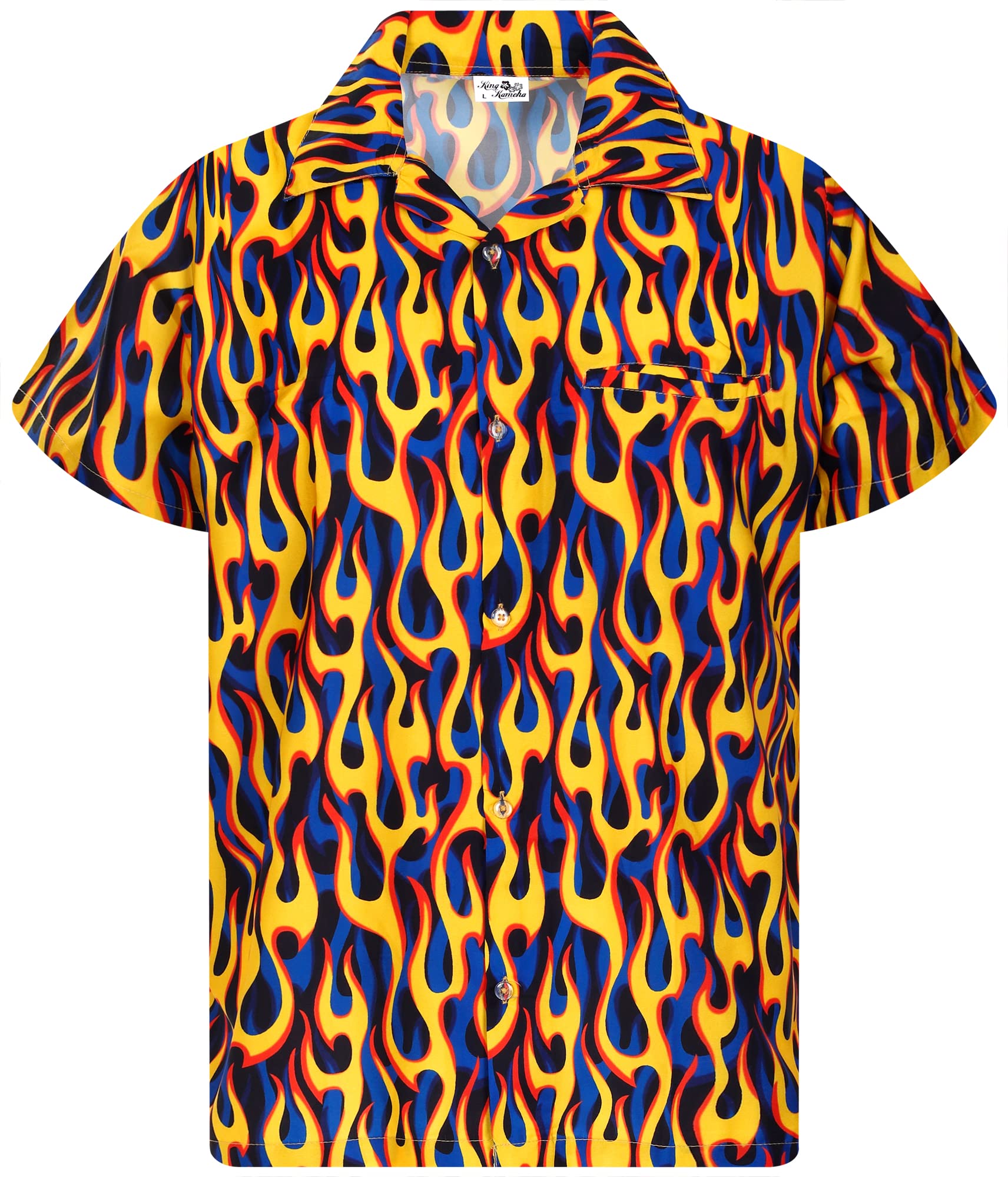 King Kameha Funky Hawaiian Shirt, Men, Shortsleeve, Flames Allover, Yellow Blue, 5XL